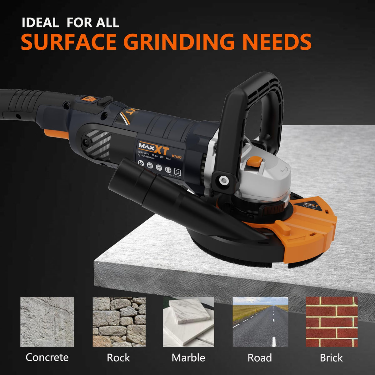 Concrete Surface Grinder Sander 1500W, MAXXT 5 Inch Angle Grinder Set 1000-8500RPM 7 Speed Adjustments, Concrete Sander with Removable Guard for Polishing（Includes 2 Diamond Sanding）