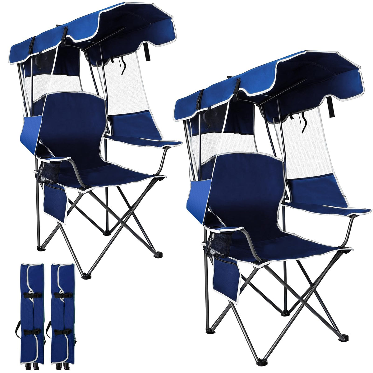 Romswi Folding Canopy Beach Camping Chairs for Adult 2 Pack, Portable Outdoor Chairs with Sunshade,Cup Holder & Side Pocket for Camping, Fishing, Beach, Backyard, Navy
