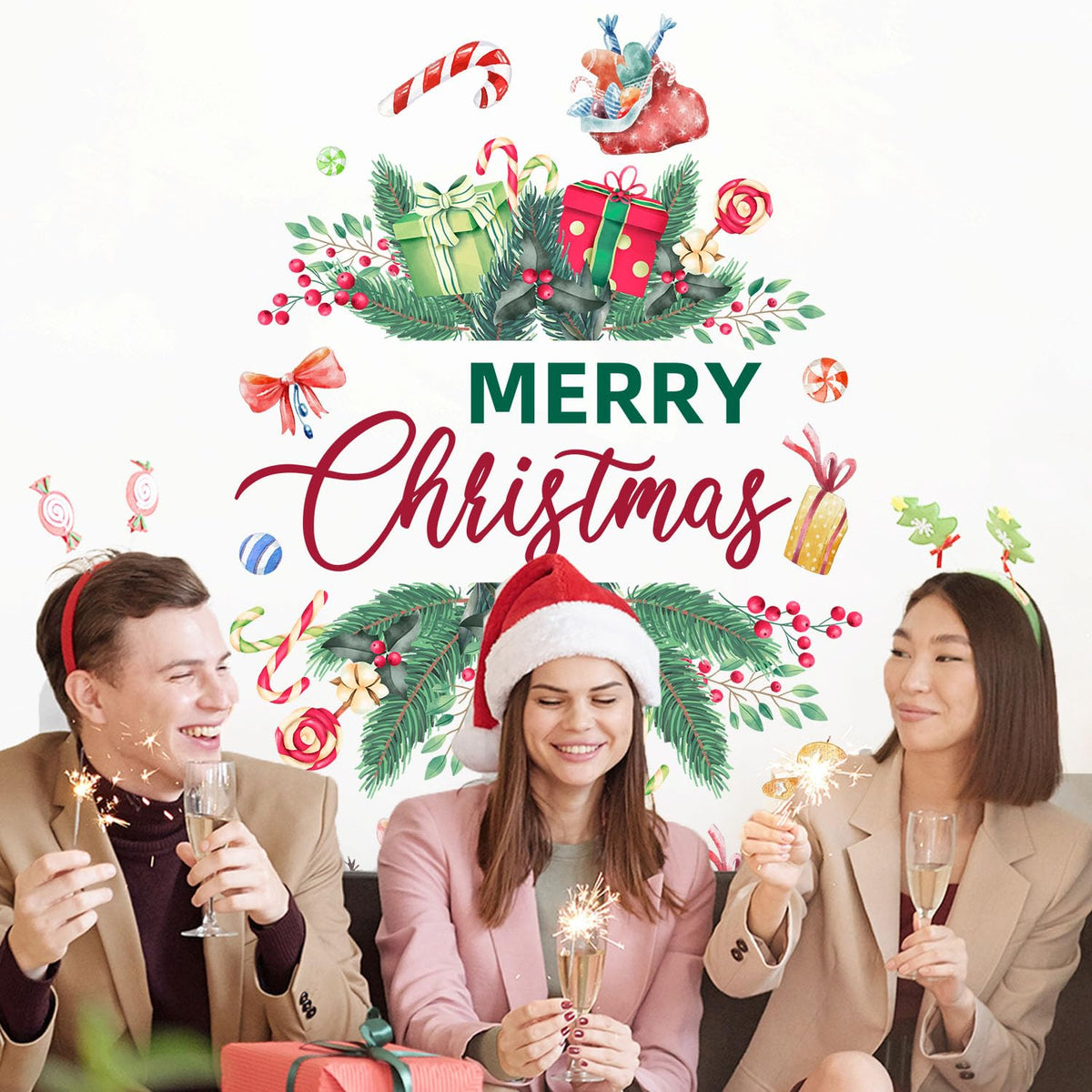 Merry Christmas Wall Decals Stickers Holiday Party Backdrop Decorations Festive Arch Backdrop Home Decor Christmas Photography Background Stickers for Living Room Nursery Home
