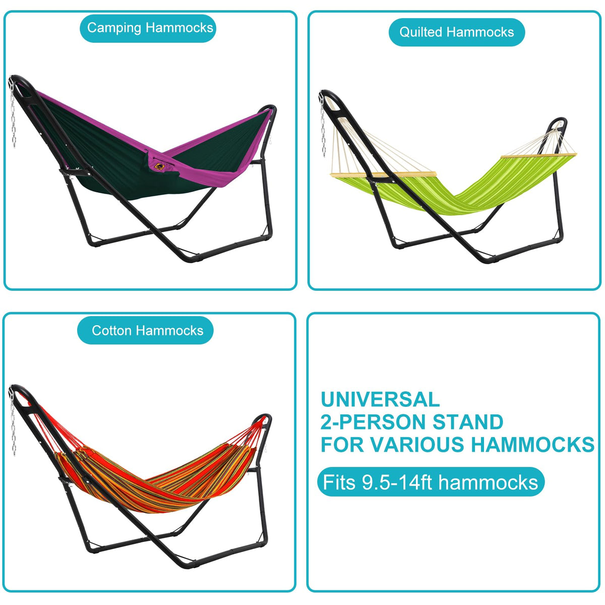 Universal 2 Person Hammock Stand, Heavy Duty Steel Hammock Stand 550 lbs Capacity, Fits 9 to 14 Foot Hammocks for Outdoor Indoor Adjustable Portable Hammock Stand with Chain, Hook, and Carrying Bag