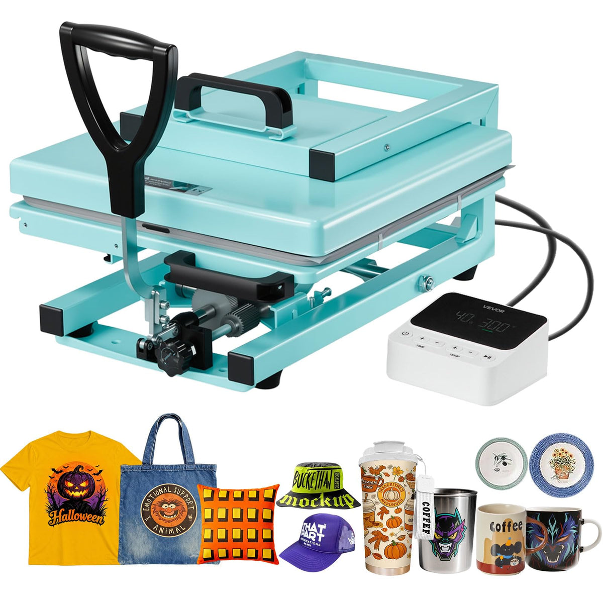 VEVOR Hybrid Heat Press, 15 x 15 inch, 8-in-1 Multifunction, Heat Up Fast and Even, All-New Patented Design, Easy to Control, Sublimation Press Machine for T-Shirts/Tumblers/Caps/Plates, Light Green