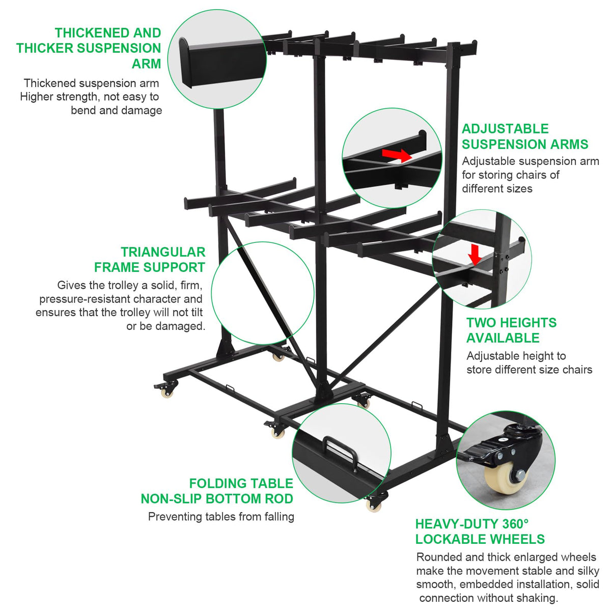 Gliretiky Folding Chair Cart Storage Rack Thickened Two Tier Heavy Duty Folding Table Chair Racks for Storage with Locking Rubber Wheels can Withstand 800LBS Capacity