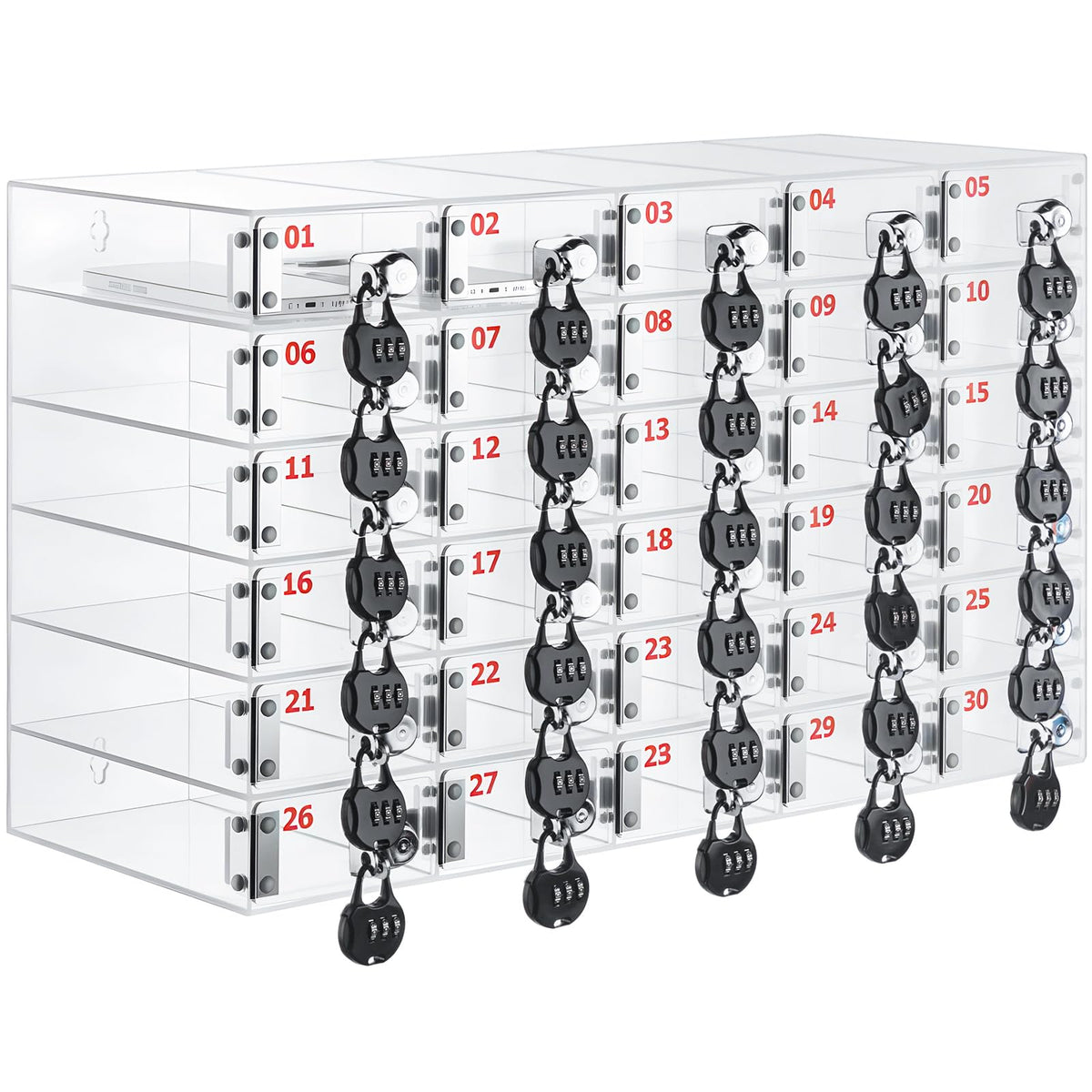 Colingmill 30 Slots Cell Phone Locker Box with Combination Lock, Clear Acrylic Phone Storage Cabinet for Back to School Classroom Students Employee Office Factory