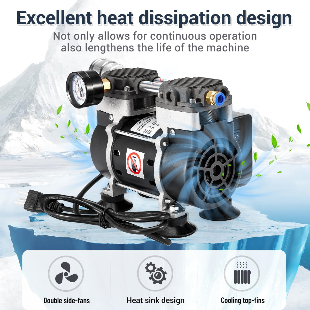 ScitoLAB Vacuum Pump 50 L/Min, Oilless Pump with Upgraded Capacitor, Vacuum Meter, Aluminum Silencer, 4 Quick Connectors, for Lab Electronics Industry