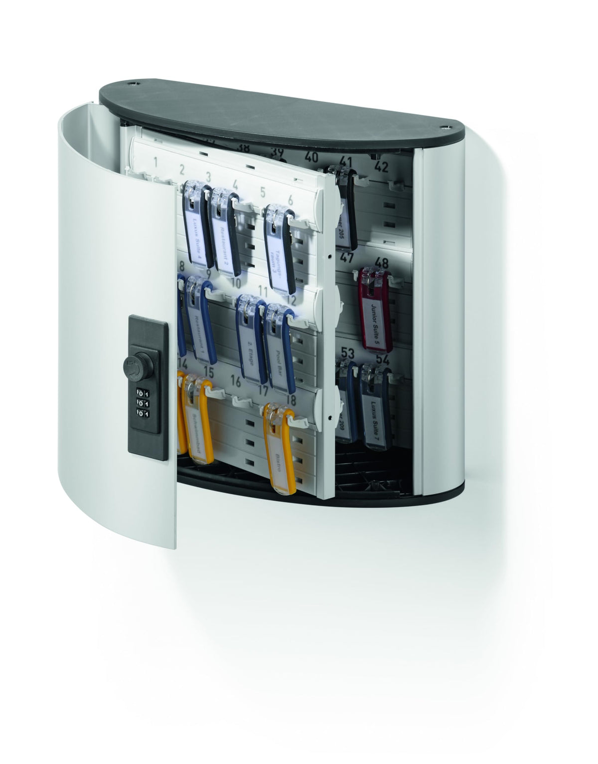 Durable Key Safe Box 54 - Wall Mounted Lockable Key Holder Cabinet with Combination Lock Holds 54 Key Clip Keys - Securely Locks Keys - Aluminum Key Safe Including 6 Key Clip Tags