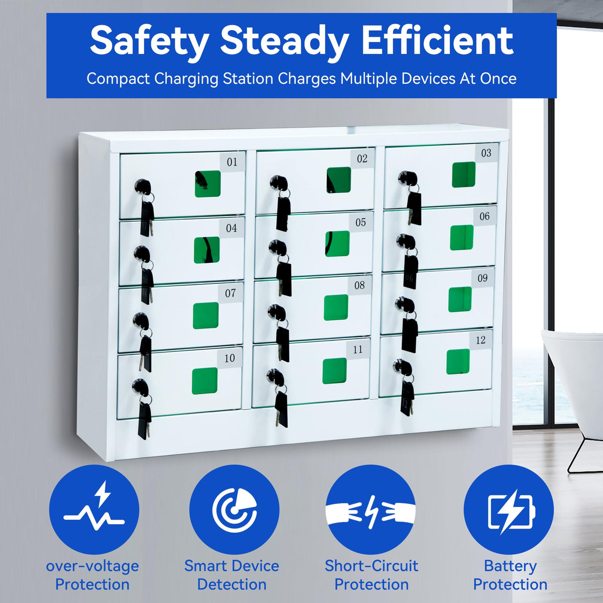 Bpatoimsx Secure and Convenient 12 Slots Cell Mobile Phone Metal Storage Cabinet Lockers with Charger Charging Station Cabinet and Key Lock White - Ideal for Students and Employees or Police Station