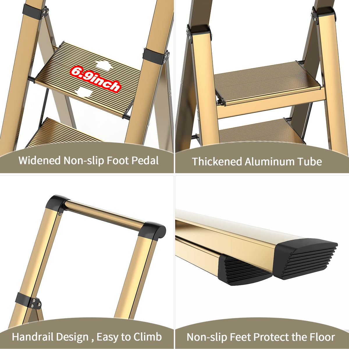 5 Step Ladder, Folding Step Stool, Lightweight Aluminum Foldable Ladder for 10 Foot High Ceiling with Anti-Slip Wide Sturdy Pedal and Handgrip, Multi-Use for Home (300 lbs Capacity) - Champagne Gold