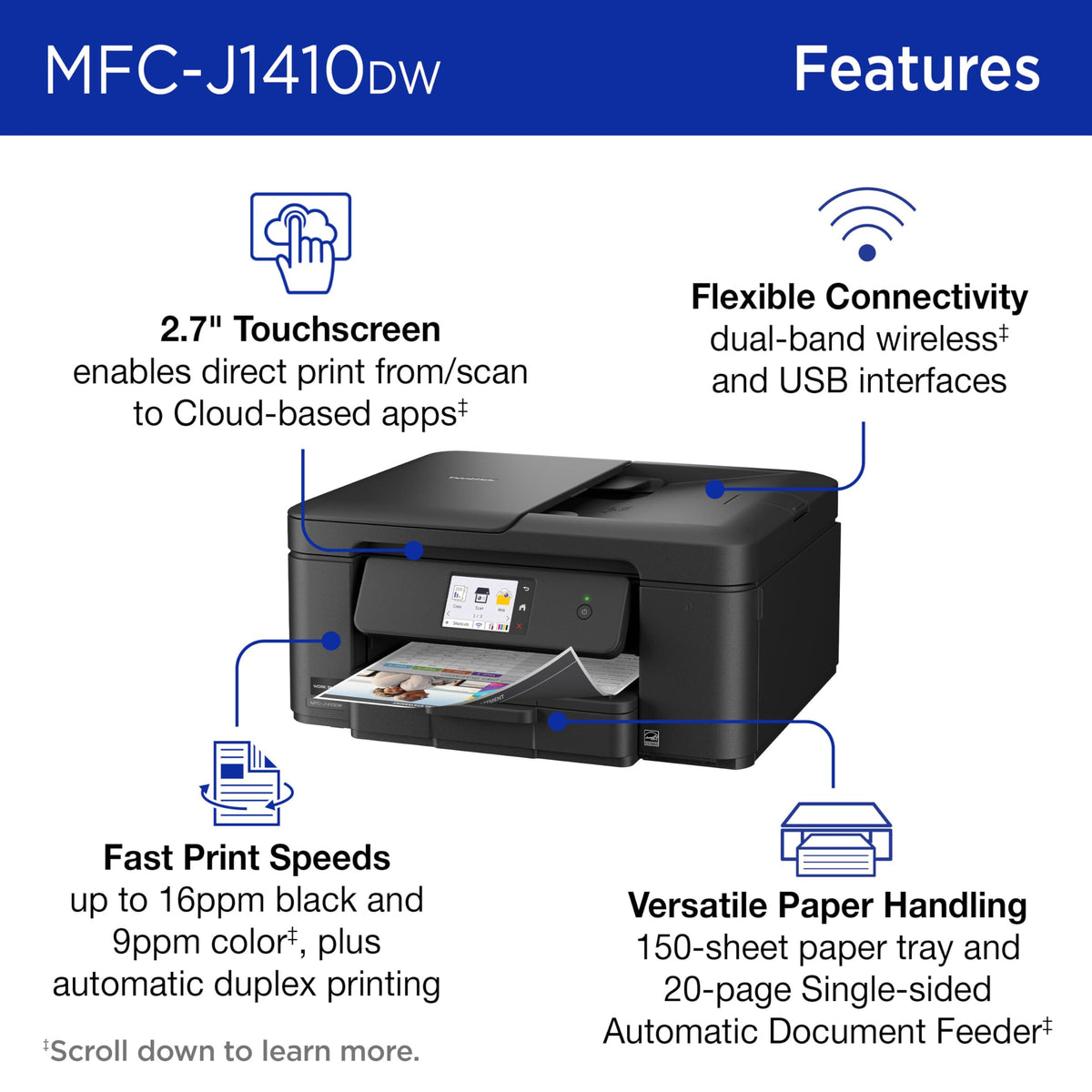 Brother Work Smart 1410 Wireless Color Inkjet All-in-One Printer with 2.7” Touchscreen and Automatic Duplex Printing | Includes Refresh Subscription Trial(1) (MFC-J1410DW)