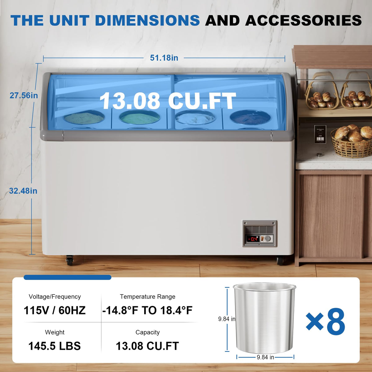 13.5 Cu.Ft Commercial Ice Cream Display Freezer, 51" Gelato Dipping Cabinet with 8 Large 3 Gallon Tubs, Top Open Chest Freezer for Restaurant, Ice Cream Shop, White