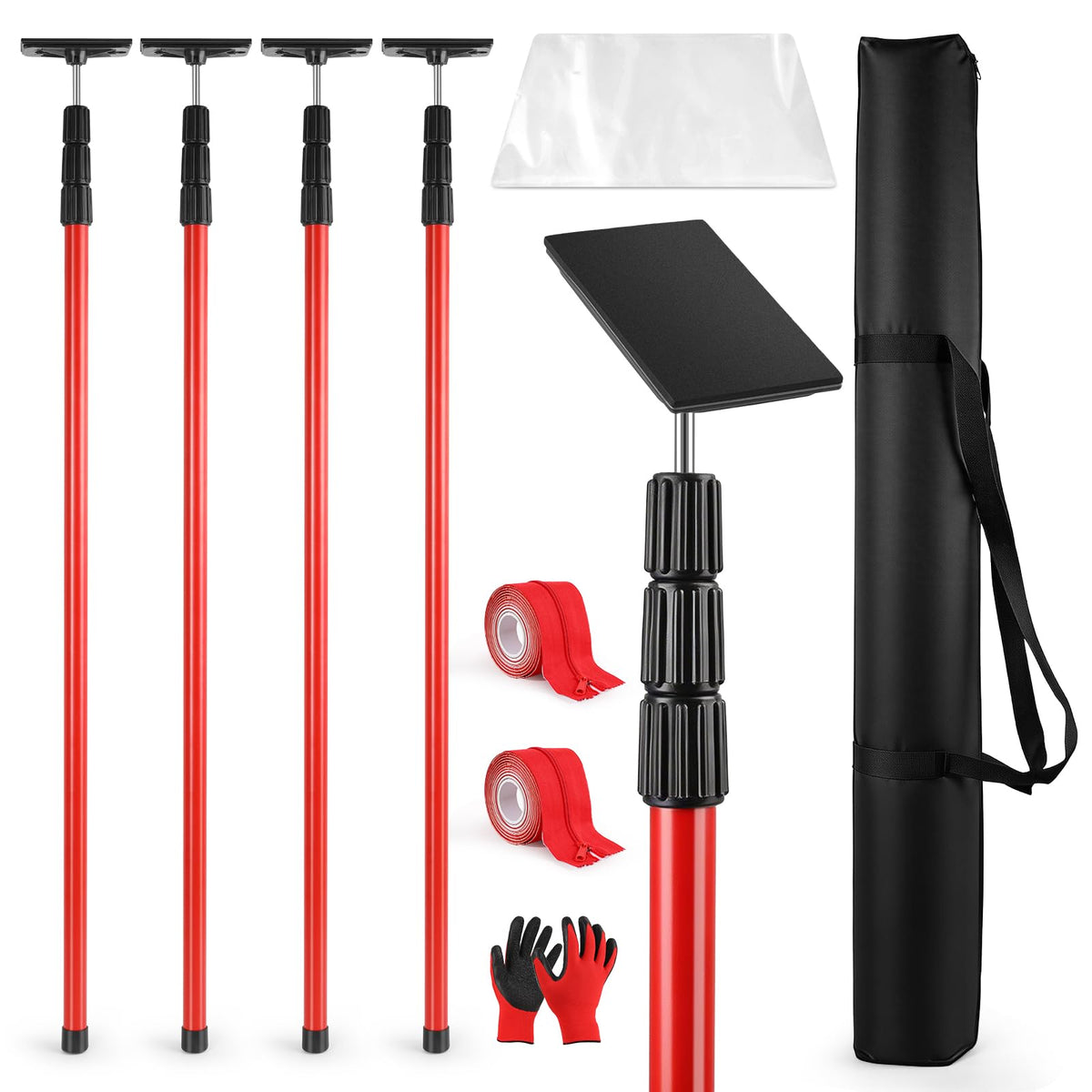 10FT Dust Barrier Poles Kit, 4 Pack Spring Retractable Zip Poles, with Heavy Duty Plastic Sheeting (32.8x13.1FT), 2 Zippers & Gloves, for Dust Barrier System, Renovation, Painting, Construction