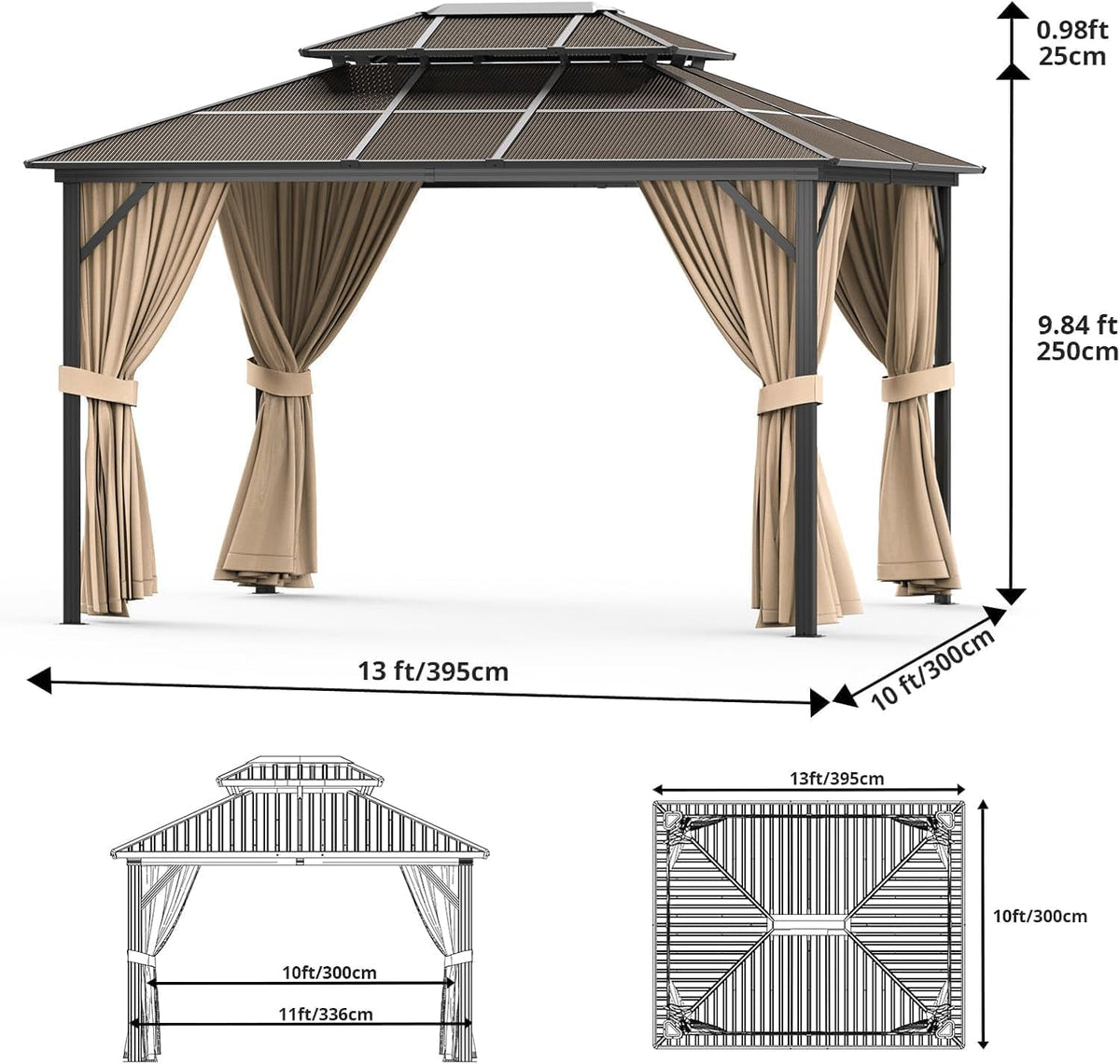 10'X13' Hardtop Gazebo, Outdoor Polycarbonate Double Roof with Curtains and Netting, Aluminum Frame Sunshade for Patio, Garden and Lawn