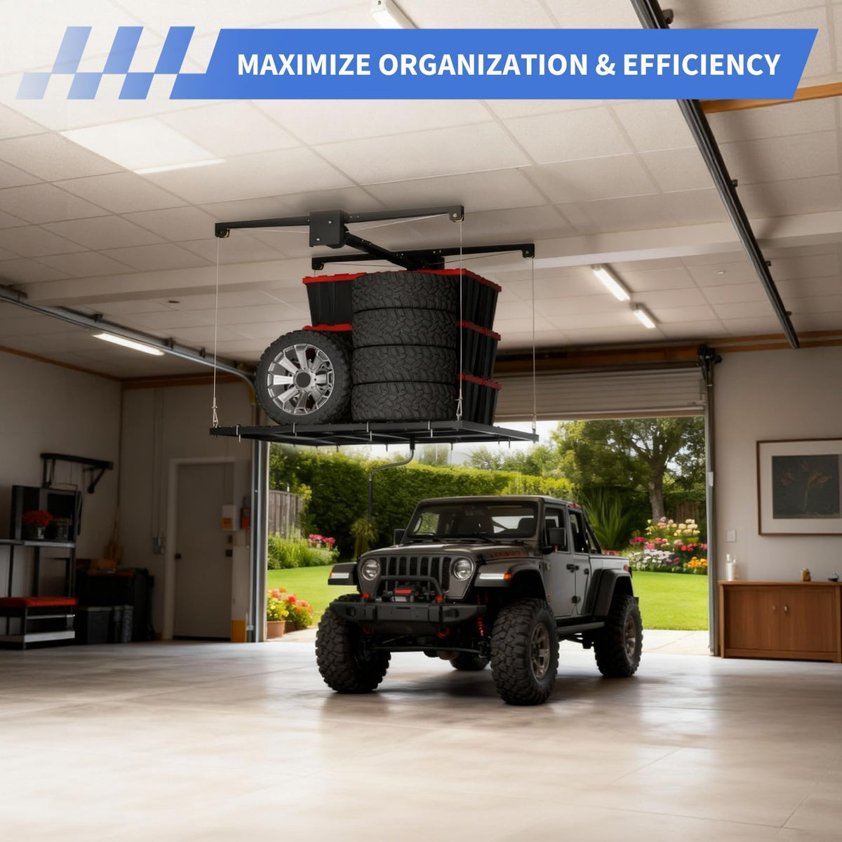 Patikuin Garage Ceiling Storage Rack,Storage Elevator for Garage,4x4 ft Overhead Lift Storage with 350 Lb Capacity,Smooth Crank System, Space-Saving Design for Garage Organization