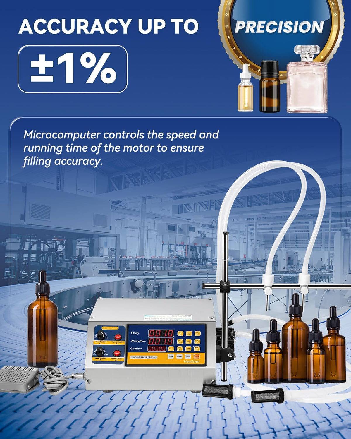 Hanchen Liquid Filling Machine Peristaltic Pump 5 Oz Automatic Bottle Filler Digital Control Cosmetic Oil Filler Bottling Machine for Perfume, Water, Juice, Thick Eessential Oil (2 Head)