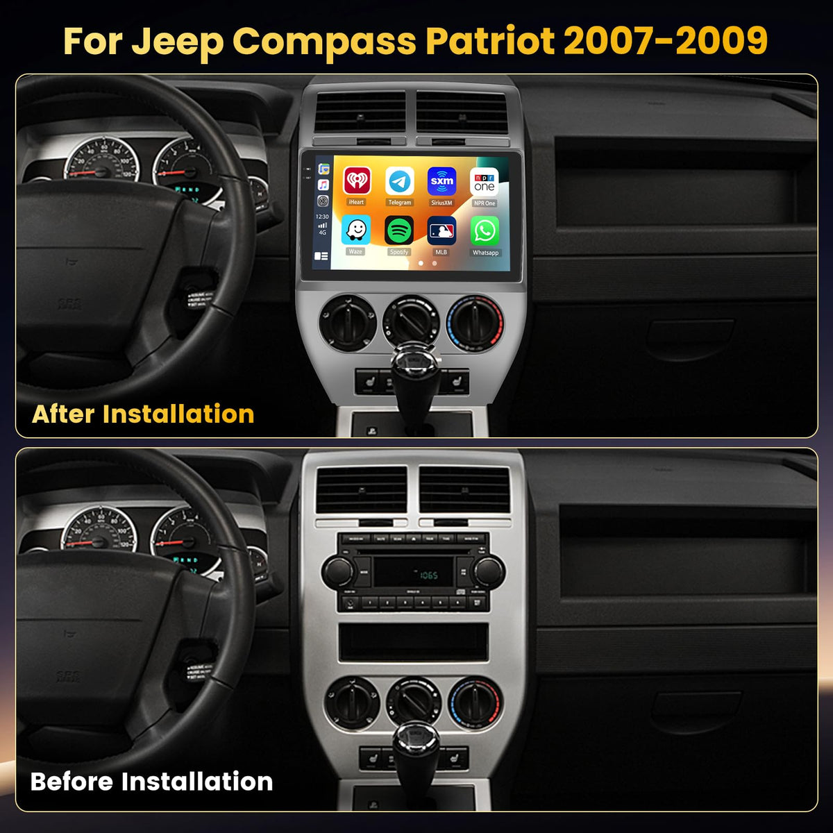 Fuluku 4+128G Android 15 Car Stereo for Jeep Compass Patriot 2007-2009 Wireless Carplay Android Auto, 10.1 Inch Incell Touch Screen Car Stereo with GPS, Backup Camera, Bluetooth, FM/RDS, EQ, WiFi, SWC