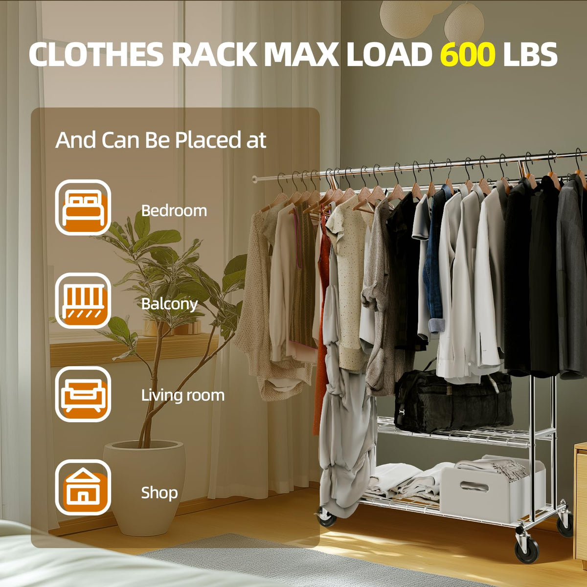 FAHKNS Clothes Rack, 74.5'' W Clothing Rack, Rolling Heavy Duty Clothes Rack, Load 600 Lbs with Wheels, Double Rod Clothing Racks for Hanging Clothes, Adjustable Garment Rack Commercial Portable