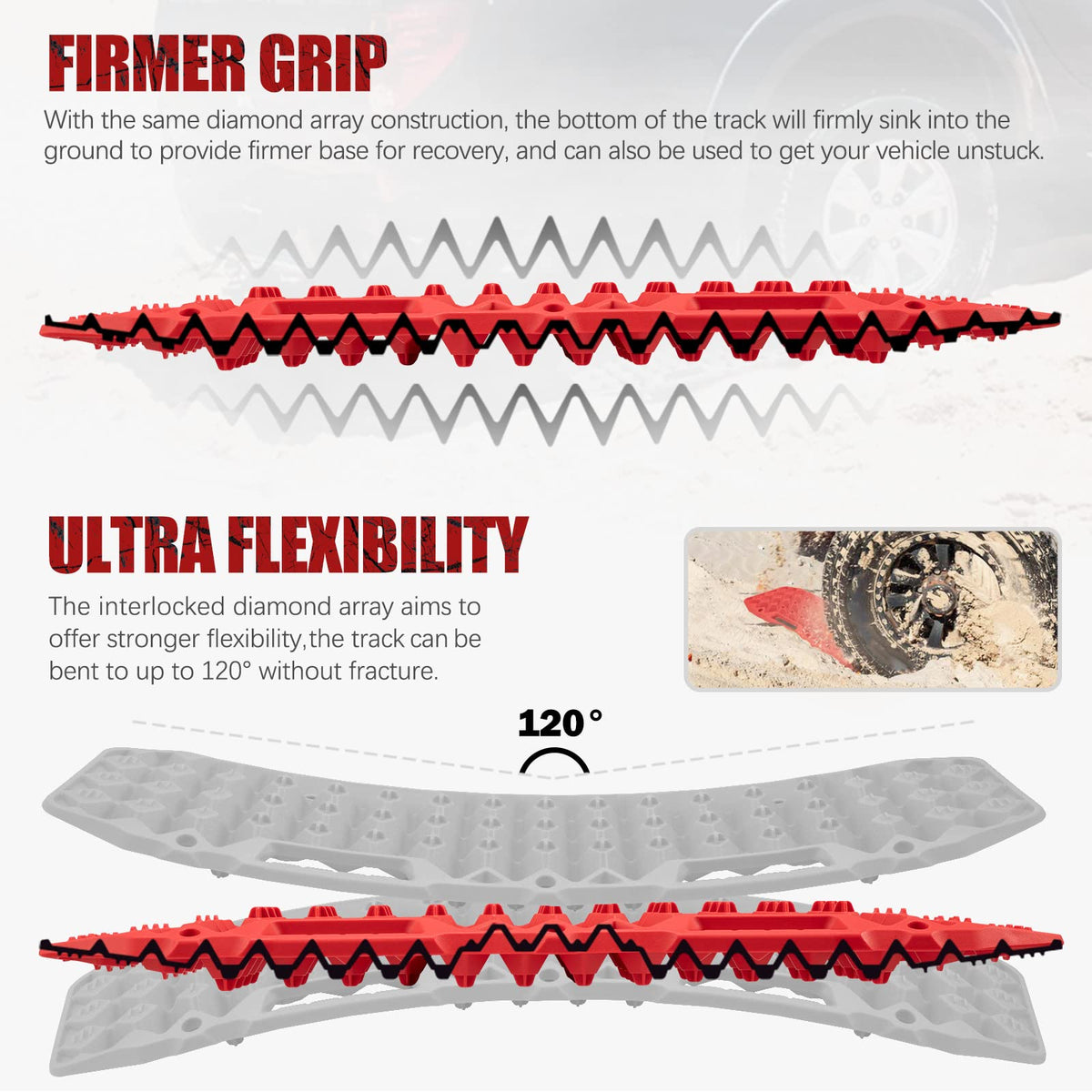 BUNKER INDUST Off-Road Traction Boards Red + 1"×30ft Kinetic Recovery Rope with 2 Soft Shackles Kit