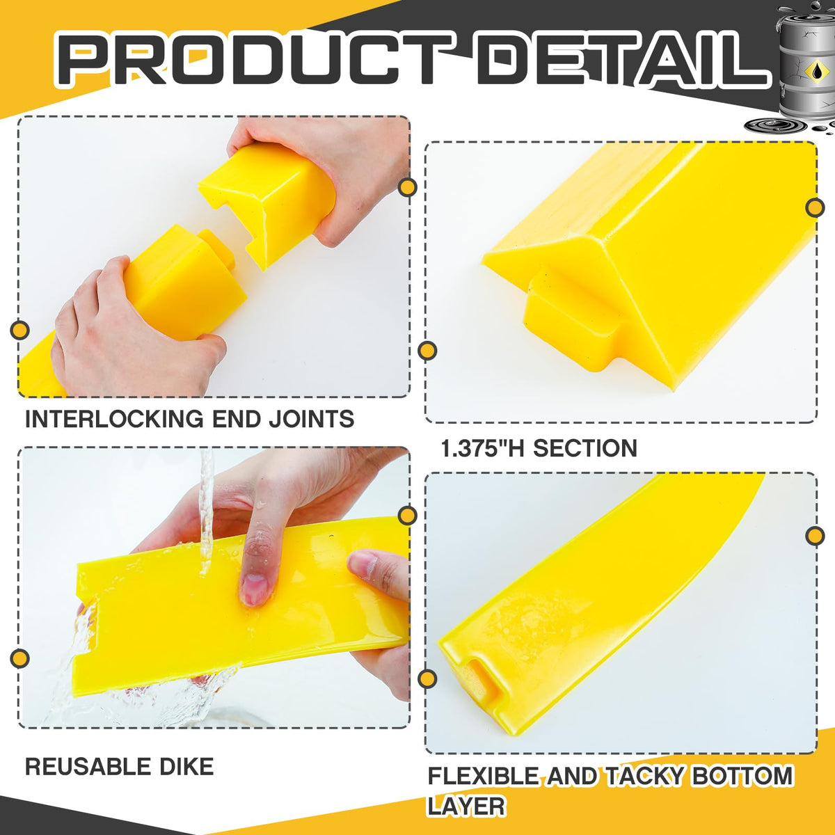 Pushglossy 3 Pcs Spill Barrier Dike 5'L x 2.6"W x 1.5"H Water Dam Barrier Liquid Blocker for Garage Home Floor Flooding Solutions(Yellow)