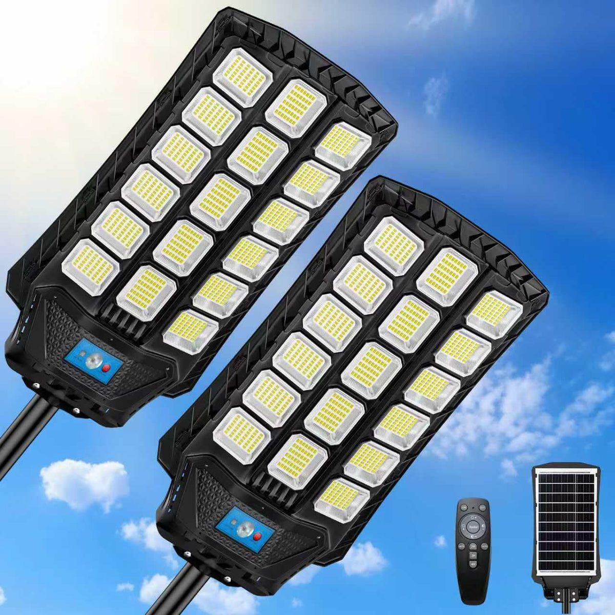ZIZIWIN 14000W Solar Street Lights Outdoor Waterproof, 2 Pack Large Solar Powered LED Flood Light Outside, Heavy Duty Parking Lot Light Dusk to Dawn, Motion Sensor, Pole or Wall Mount, Remote Control