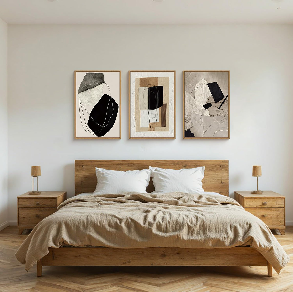 DRACIT Abstract Modern Geometric Framed Canvas Wall Art Set,Neutral Tone Beige Black Brown Wall Decor,Minimalist Textured Line Shape Artwork for Living Room, Bedroom,Farmhouse-24 x36 x3