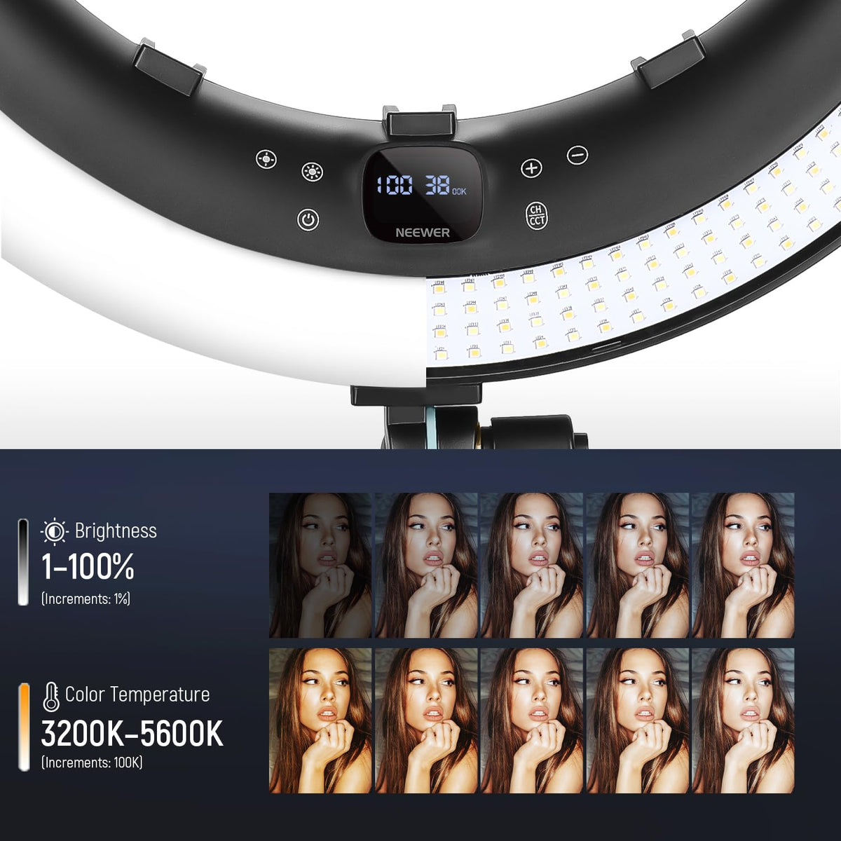 NEEWER Ring Light RP19H 19 Inch with Tripod Stand 3 Phone Holders Compatible with iPhone, Upgraded 2.4G Touch Control Ringlight for Video Recording Streaming Home Office Zoom Selfie Makeup Lighting