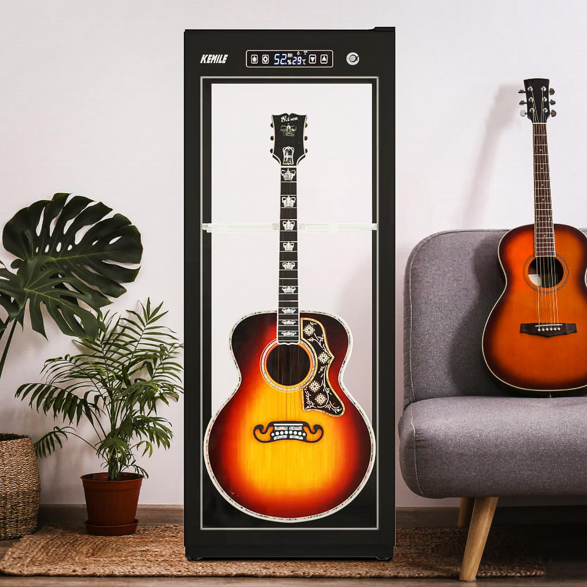 Guitar Display Case with Humidification & Constant Temperature, Smart Touch Control & Fingerprint Lock, Adjustable Racks for 3 Acoustic/4 Electric,GuitarsTransparent Cabinet (Four-sided glass)