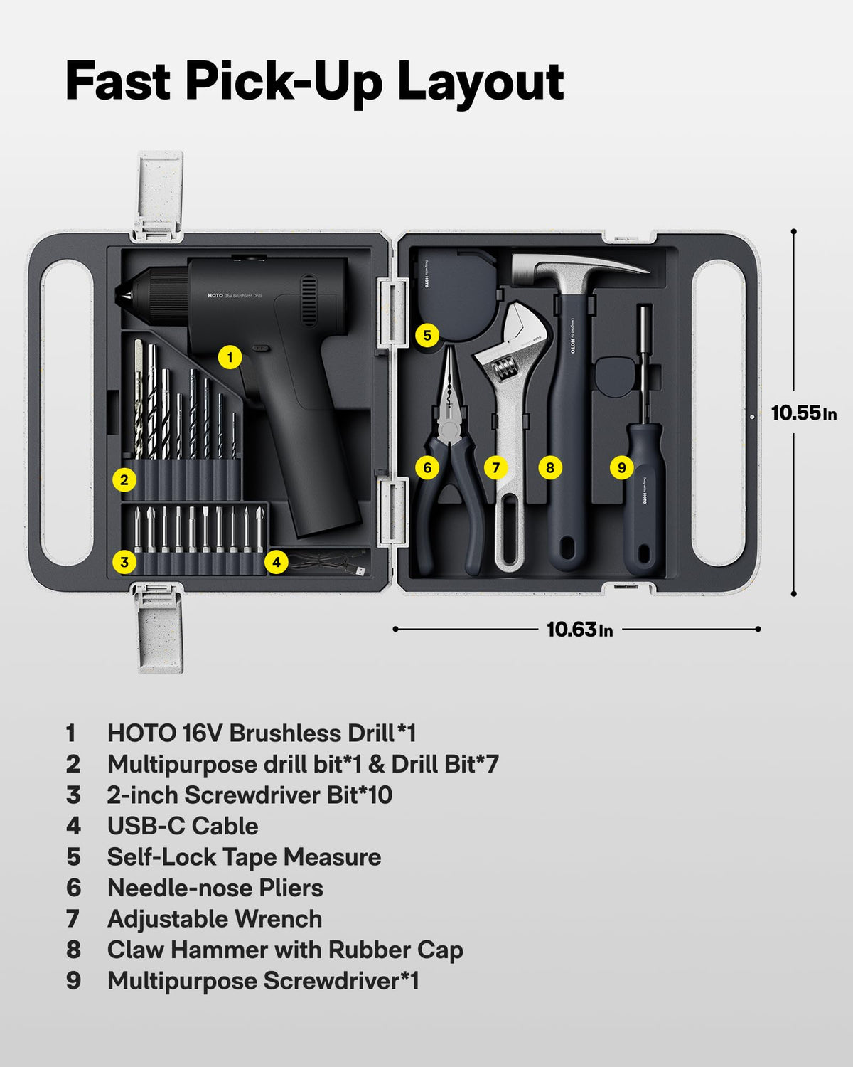HOTO 25PCS Household Tool Kit with 16V Brushless Drill, 3/8” Keyless Chuck, Smart Display, 50 N·m Torque, 32 Torque Settings, LED Light, Includes Hammer, Wrench, Pliers, 8 x Drill Bits, 10 x Bits