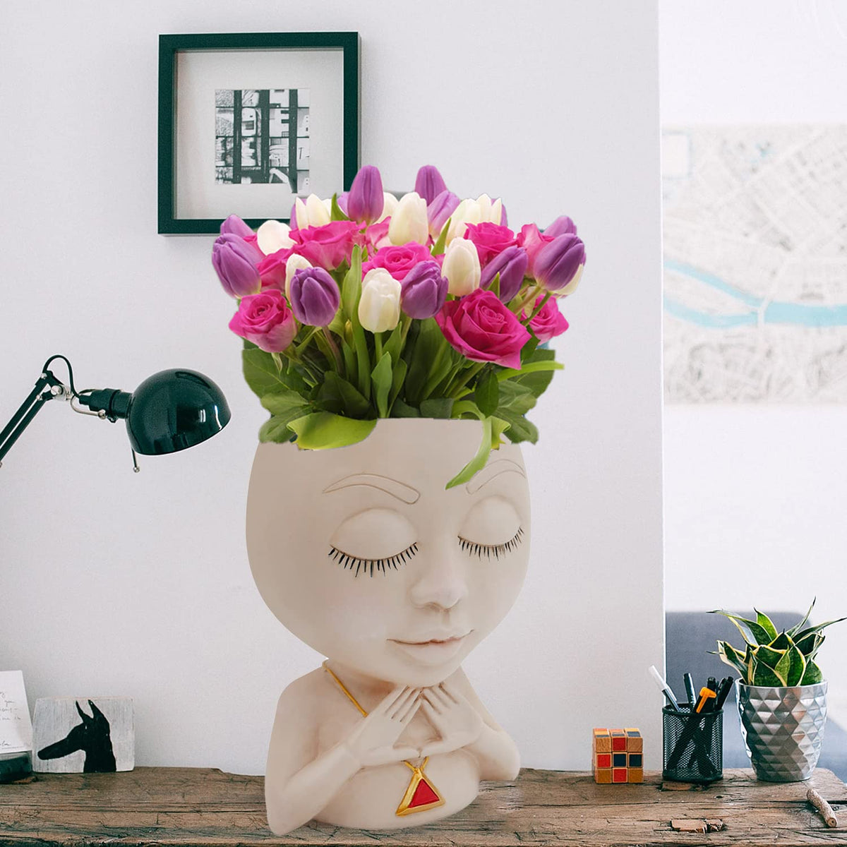 Face Planter Pot Cute Resin Flower Head Planters for Indoor Outdoor Closed Eyes Succulent Pots Gift IdeaI for Mother and Appreciation Christmas with Drainage Hole