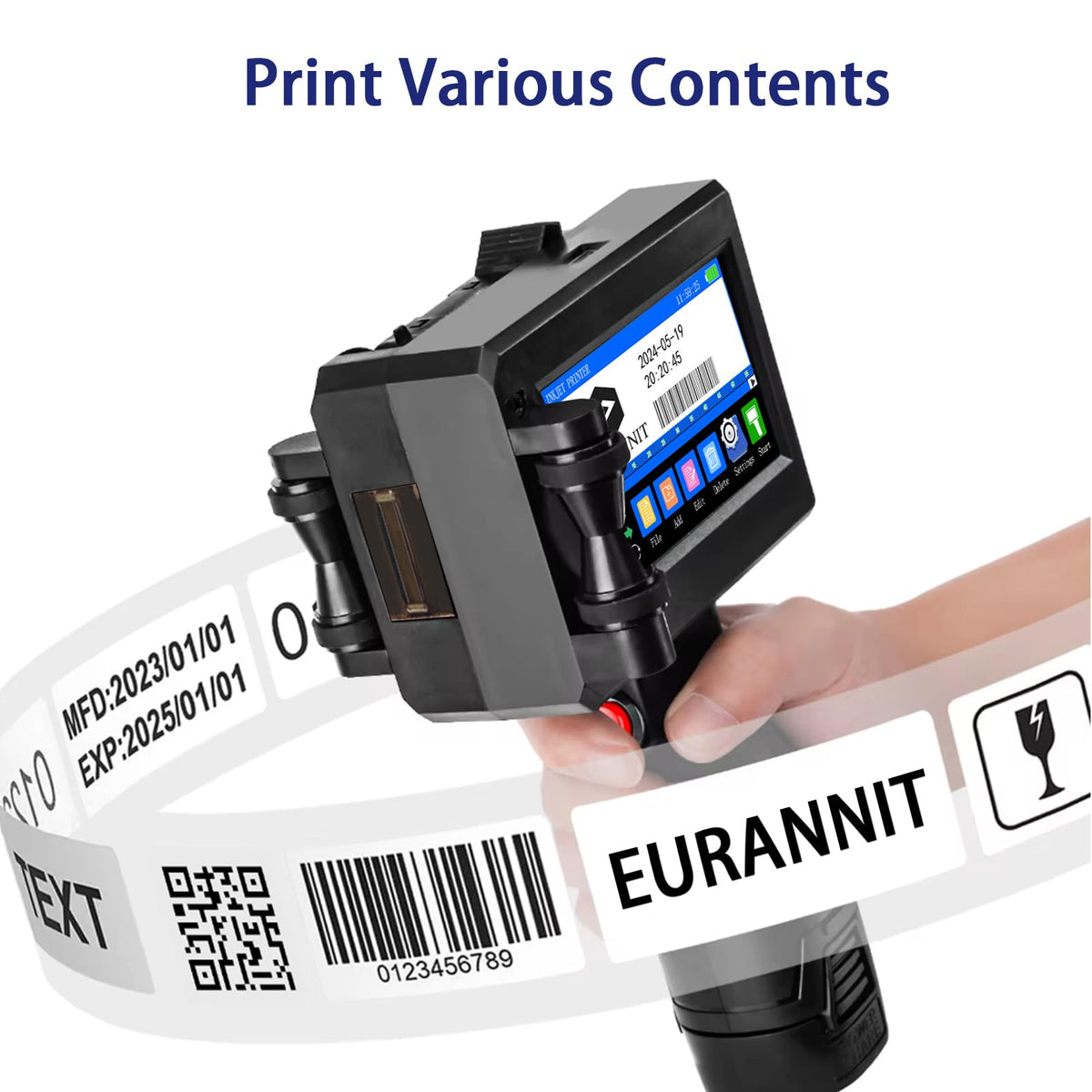 Eurannit Handheld Inkjet Printer 1 in, E15-1 Portable Handheld Printers with ER521 Black Ink Cartridge, Handheld Inkjet Printer Gun for Text QR Barcode Batch Number Logo Date Label Printer