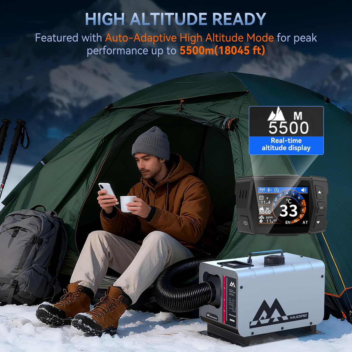 MUDIRO Diesel Heater 12V/24V/110V 8KW with CO Protection (Auto Shut-off & Alarm), Thermostat, Remote, TFT Display, Auto Altitude Adjustment, Chinese Diesel Heater for Camping, RV, Tent