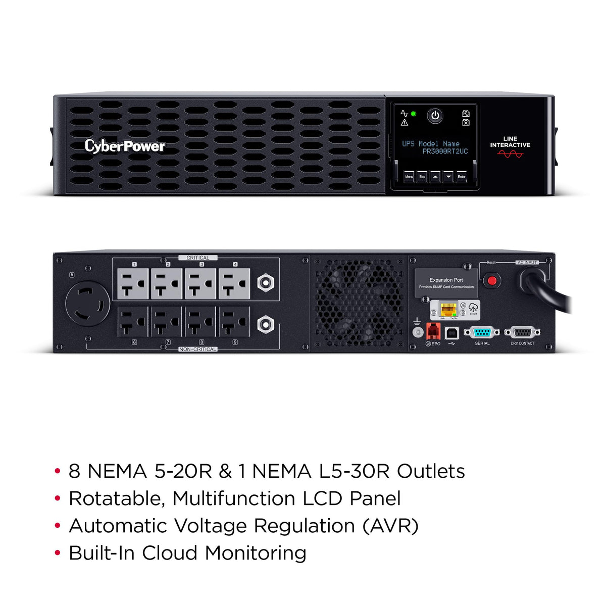 CyberPower PR3000RT2UC Smart App Sinewave UPS Battery Backup and Surge Protector, 3000VA/3000W, 30A, 9 Outlets, 2U Rack/Tower, AVR, Built-in Cloud Monitoring, UL Certified