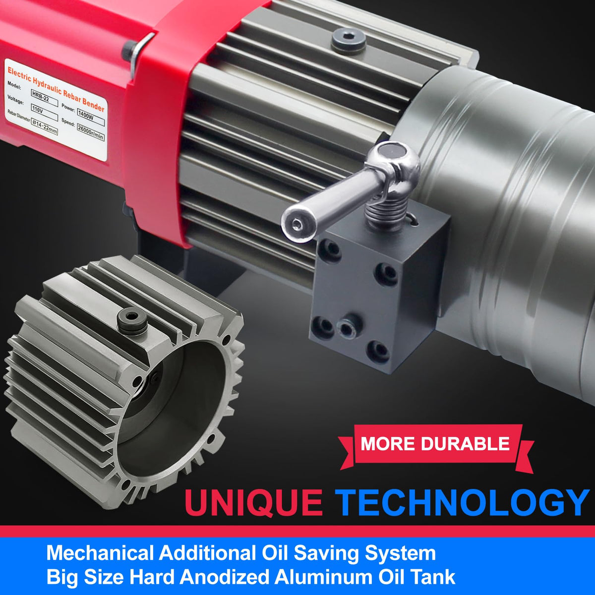 1400W Electric Rebar Bender 7/8" Hydraulic Rebar Bending Machine,2-2.5s Fast Bend 16-22mm 0.9" #7 Rebars Steel Bar Metal Portable Industrial Tool Easily Bending Angle 0-90 Degree,110V, HRB-22