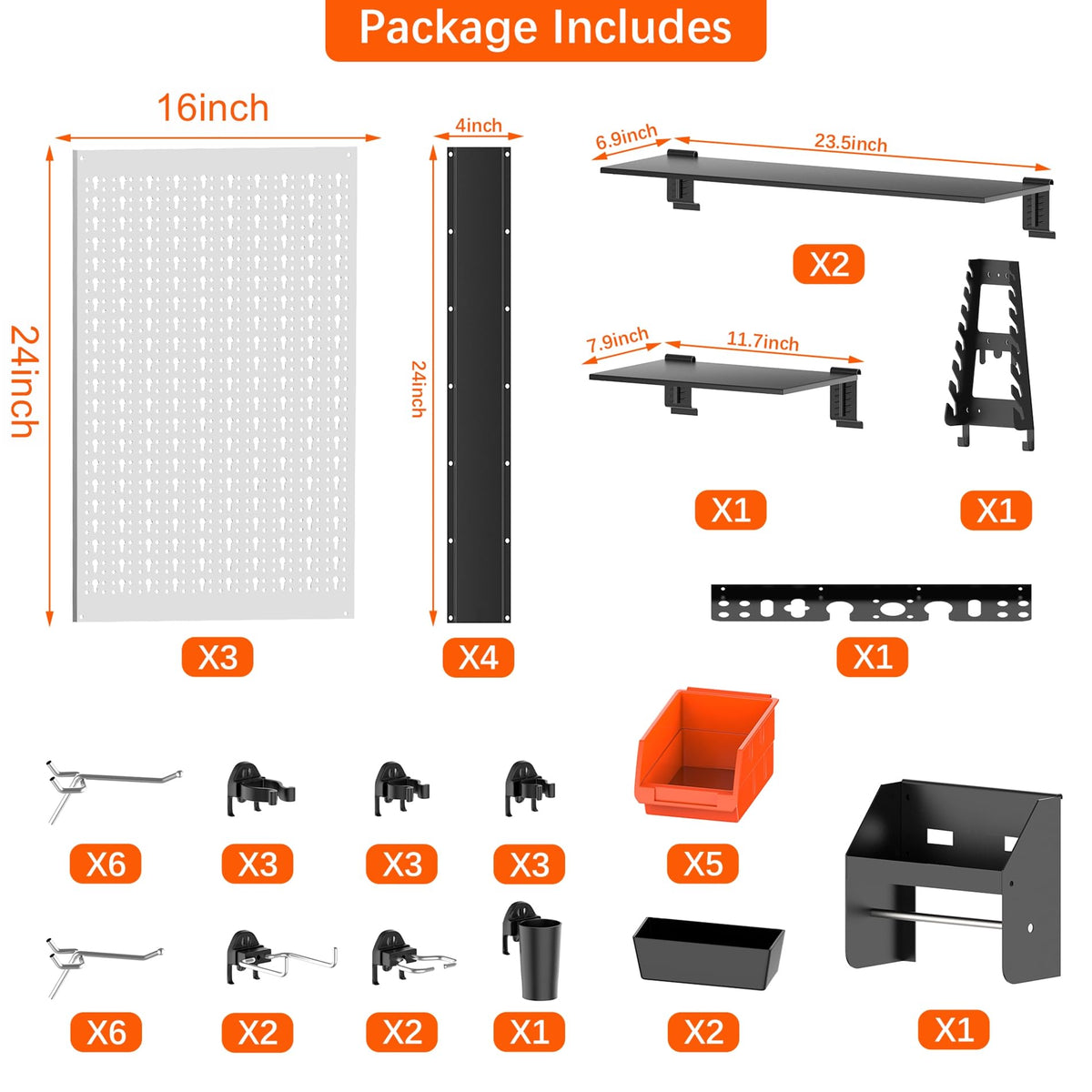 TORACK Pegboard Wall Organizer 4 ft. Garage Metal Pegboard Tool Organizer System, Tools Storage Peg Board Kit with Hooks and Accessories, Wall Mounted Storage Bins, Overhead Shelves