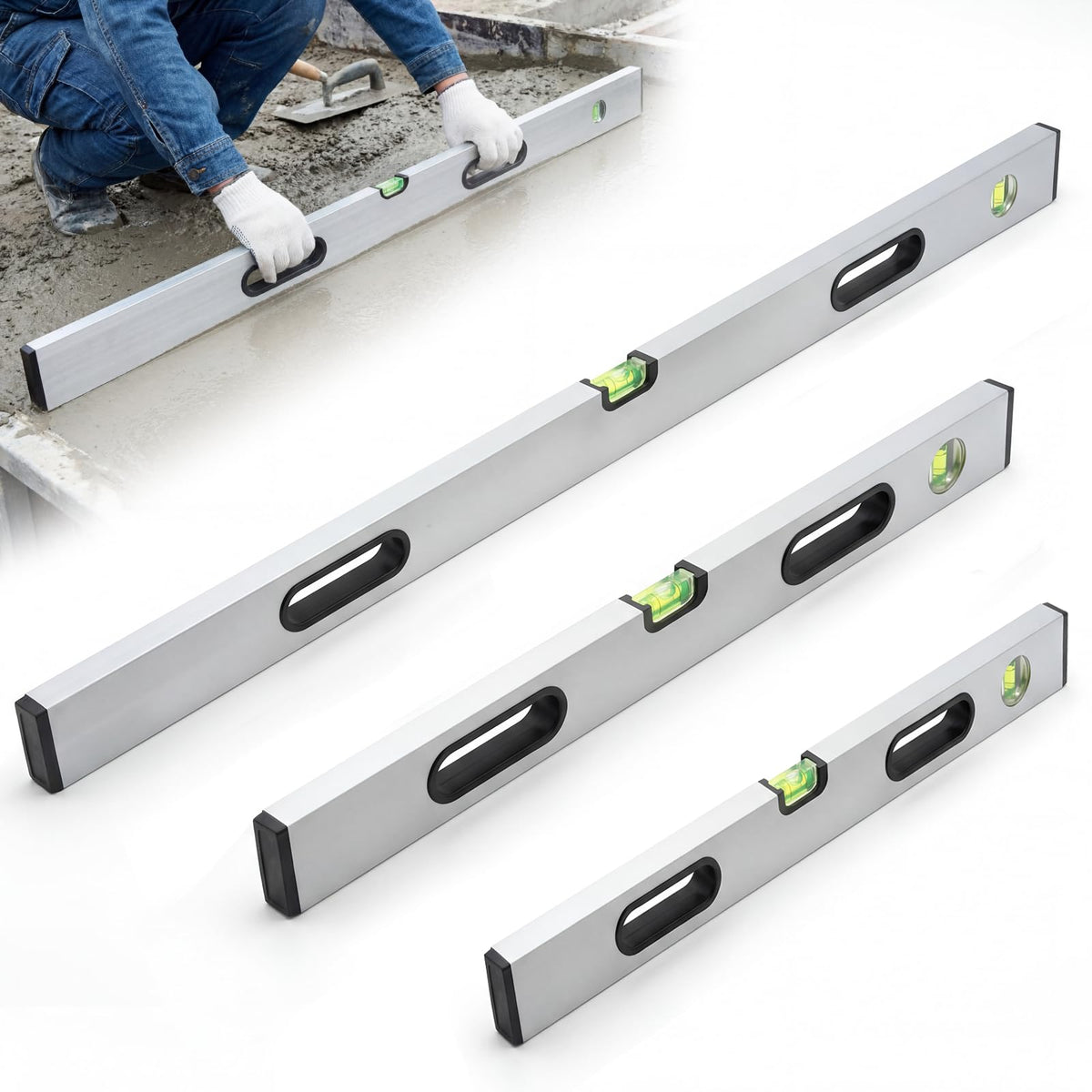 BreezeHug 3 Pack Aluminum Alloy Concrete Screed Level Set 39" 59" 78" Heavy-duty Screeding Tool with Molded Handles for Slab Floor Patio Driveway Concrete Laying Commercial Construction