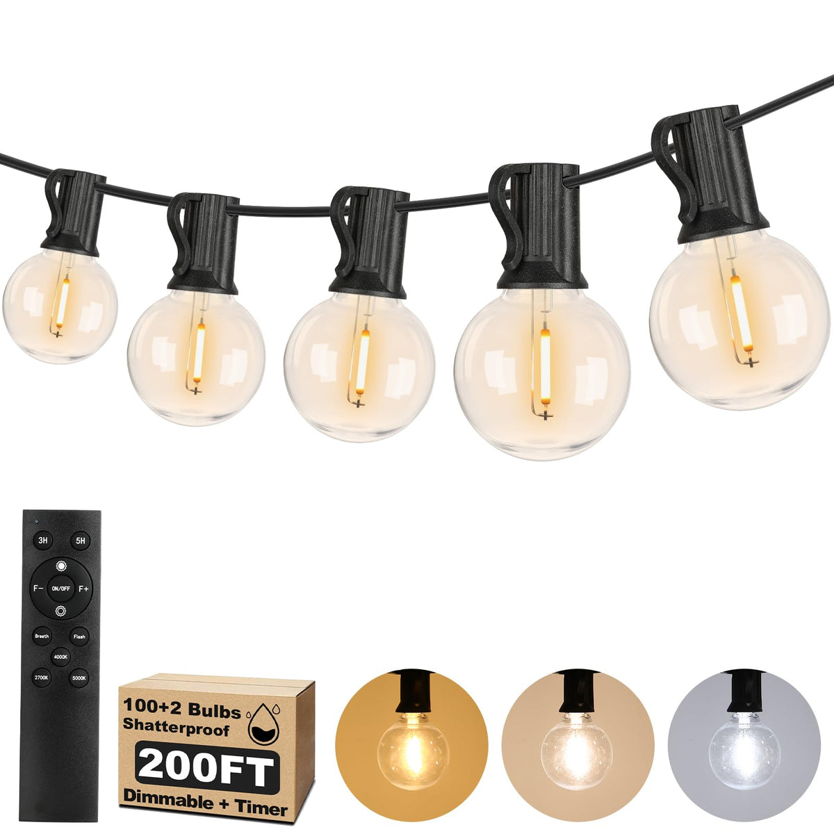 200FT LED Outdoor String Lights with 3 Color Lights, Dimmable String Lights for Outside with Remote, G40 Globe Waterproof Patio Lights with 100 Shatterproof Bulbs for Party Backyard BBQ House Camping