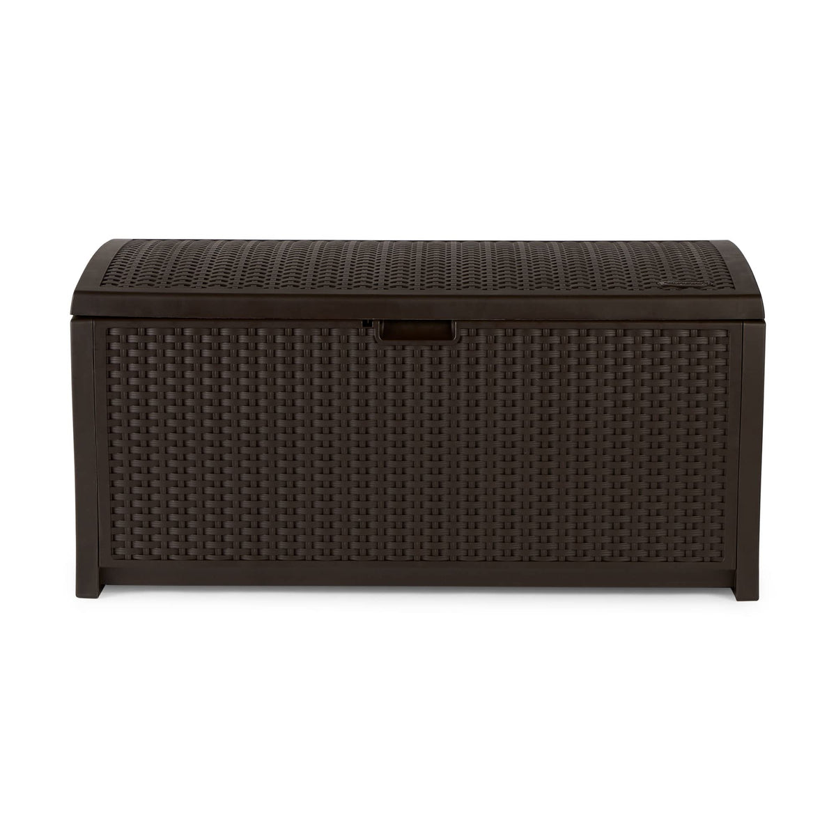 Suncast Outdoor Storage Box - 73 Gallon Mocha Brown Deck Box for Patio, weather-resistant Outdoor Storage Bench, Resin Wicker Style, Heavy-Duty, Lockable Lid for Cushions, Shoes, Pool & Garden Gear