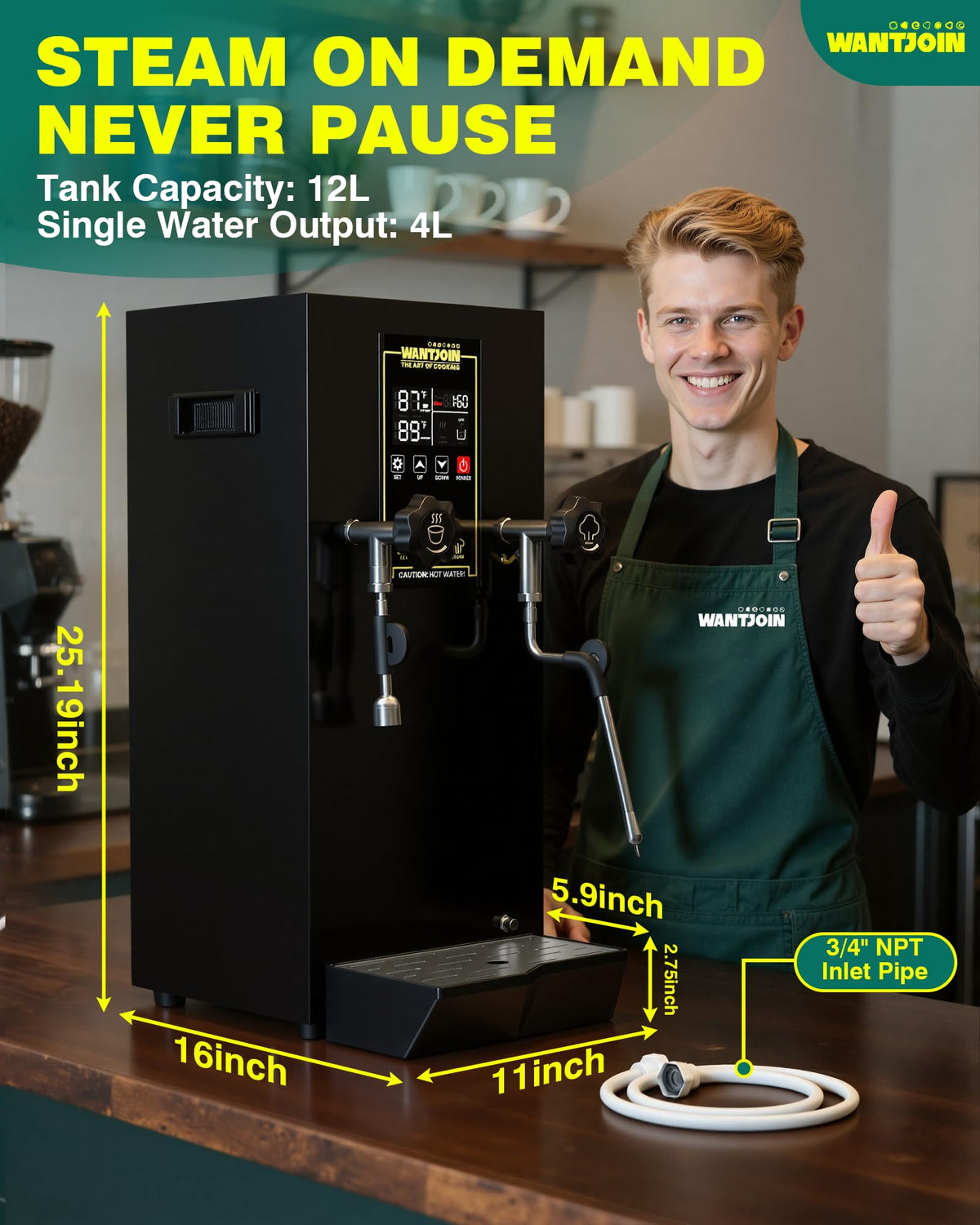 WantJoin Commercial Milk Frother & Beverage Heater - 1800W Multi-functional Milk Steamer Machine with LED Display Panel for Latte, Cappuccino, Coffee, Milk Tea Foam, Hot Water Dispenser - Hotel & Home