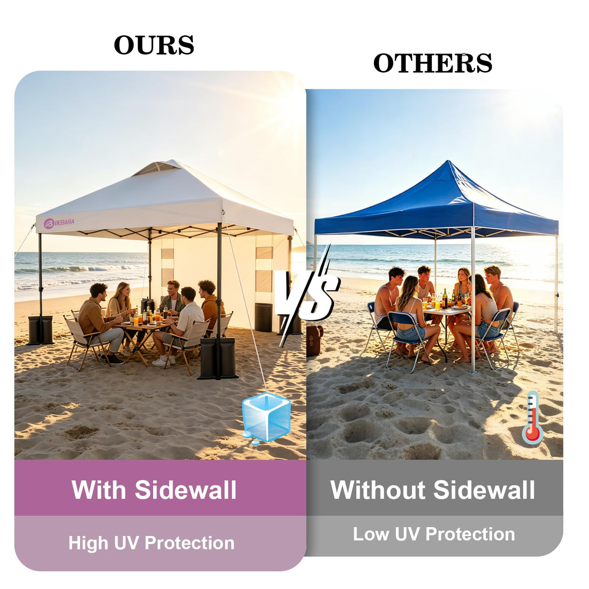 Bebara 10x10 Pop Up Canopy with Sidewall, One-Person One-Minute Setup - Sturdy Frame, UV & Water Resistant Canopy Tent w/Wheeled Carry Bag for Beach, Patio, Camping & Events