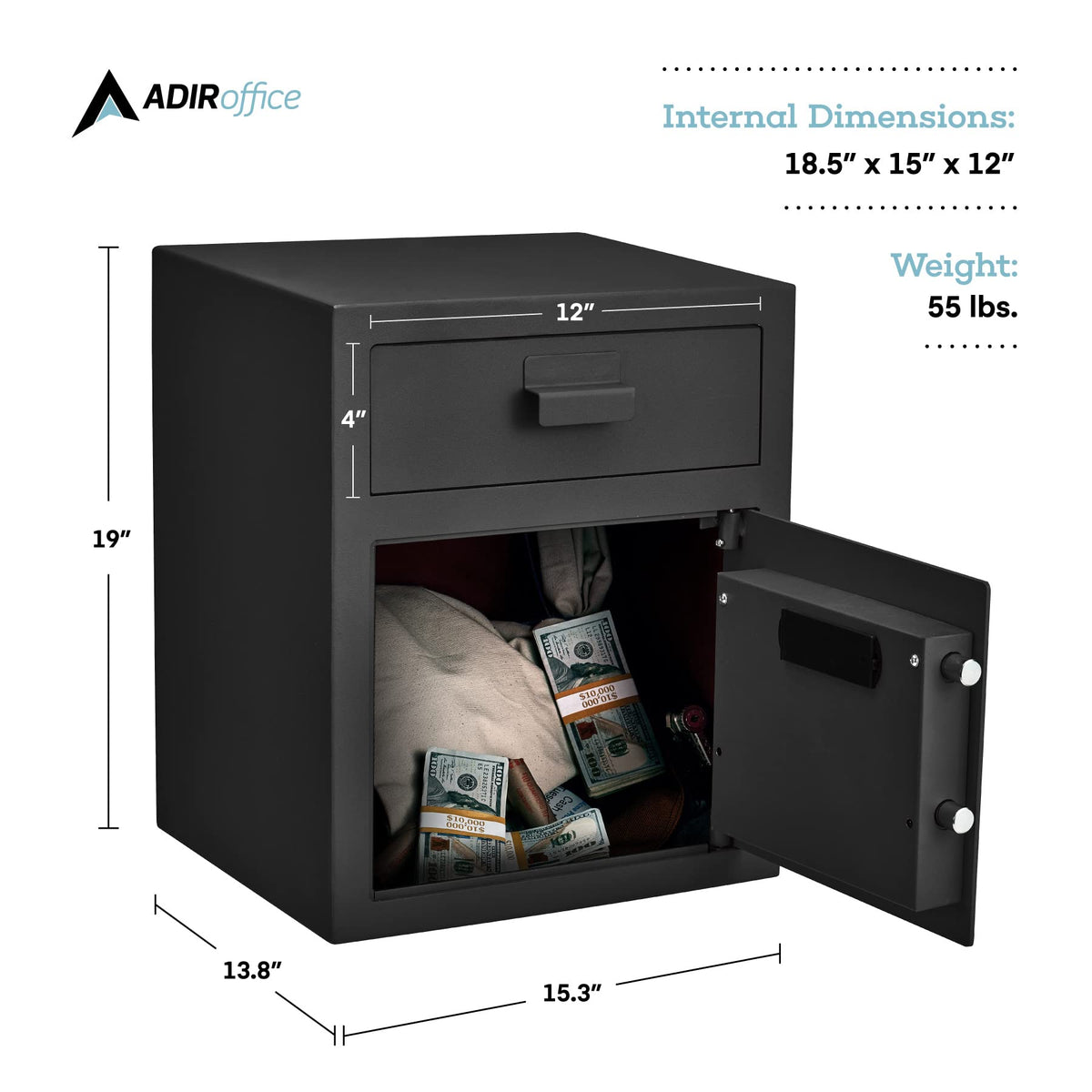 AdirOffice Digital Depository Safe - Front Loading - Digital Keypad Lock - Lockout Mode (Black)