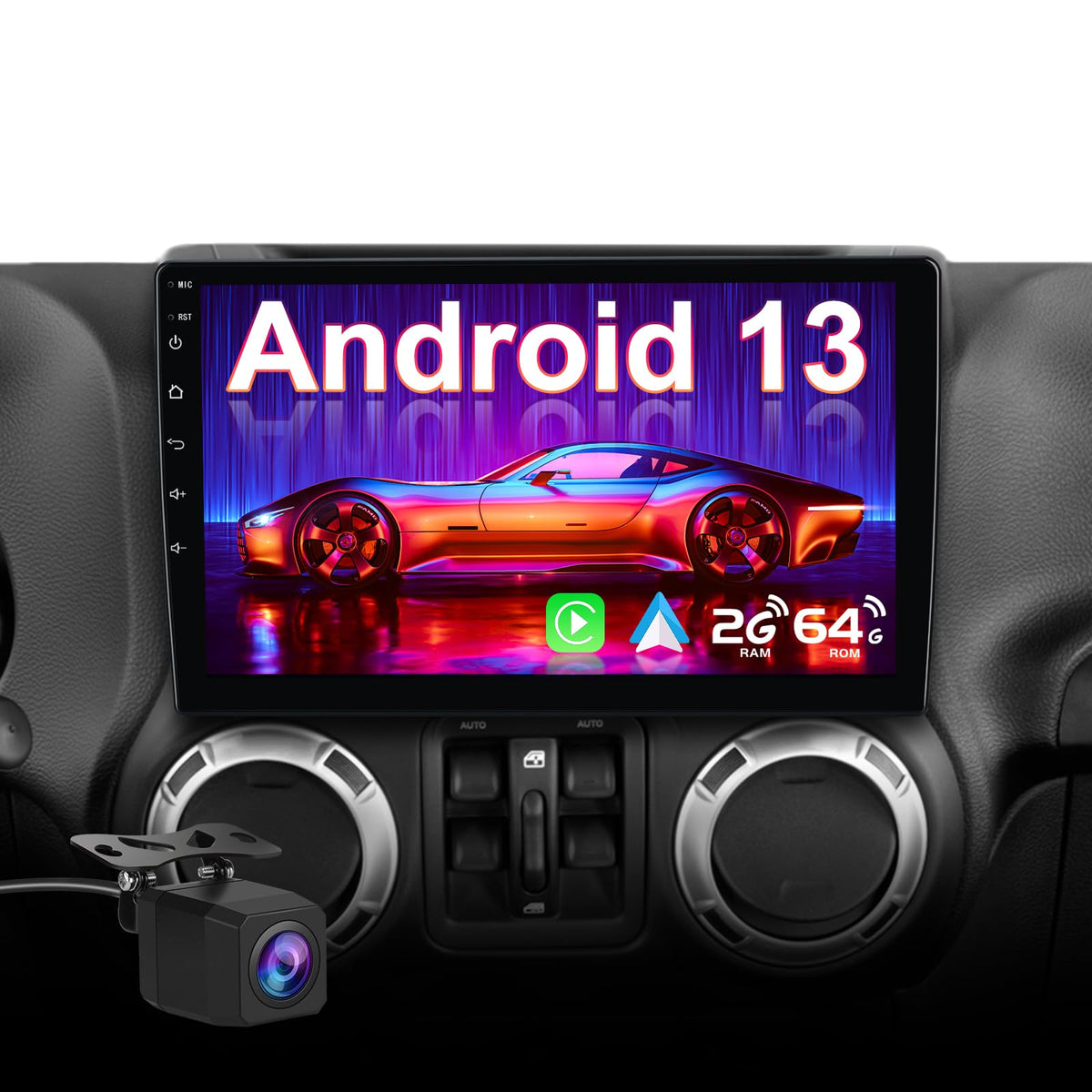 Solvitek Car Stereo for Jeep Wrangler JK 2007‑2018 / Compass/Grand Cherokee/Dodge Ram, 10.1", CarPlay & Android Auto, GPS Navigation, Bluetooth, FM/RDS, SWC, 2GB RAM+64GB ROM, Backup Camera