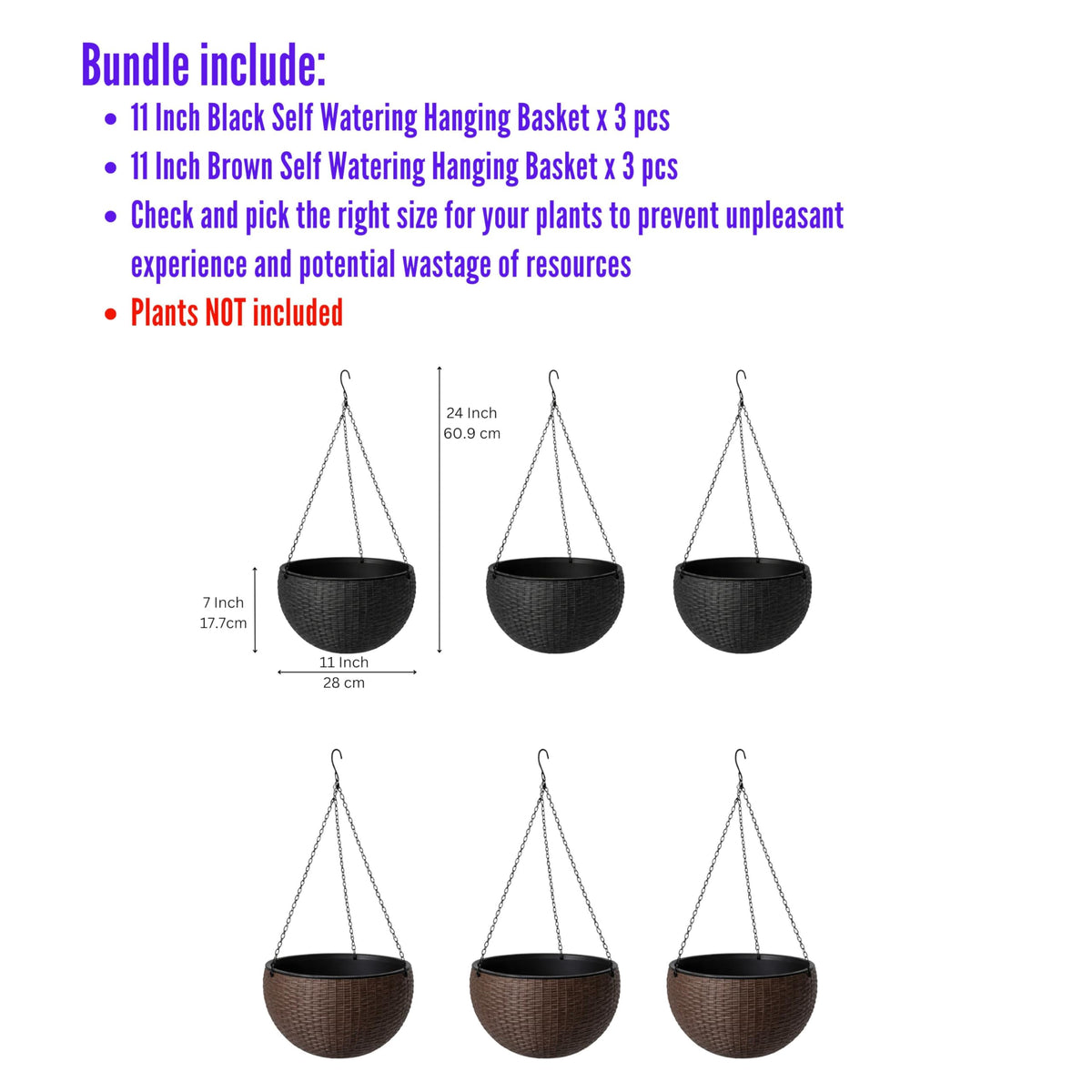 LaLaGreen Bundle- 3 Pack, 11 Black + 3 Pack, 11 Inch Brown Self Watering Hanging Plastic Basket Rattan Style Round Plant Flower Pots with Water Level Indicator Balcony Porch Modern Indoor Garden Decor
