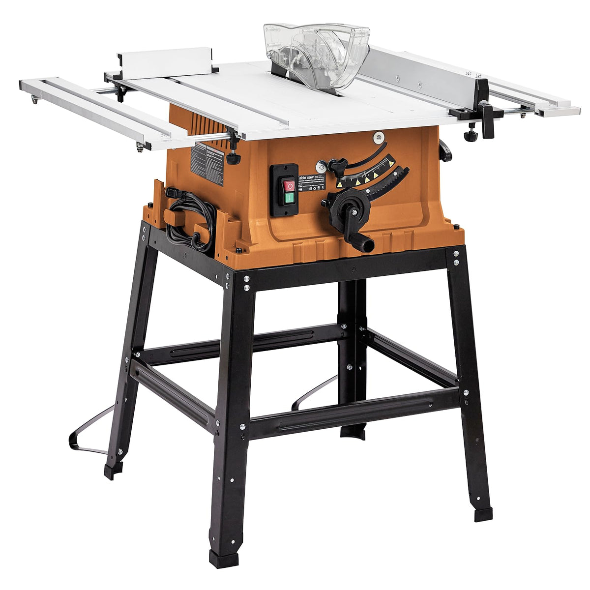 Table Saw, 10 Inch 15A Multifunctional Saw With Stand & Push Stick, 90° Cross Cut & 0-45° Bevel Cut, 5000RPM, Adjustable Blade Height for Woodworking, Orange