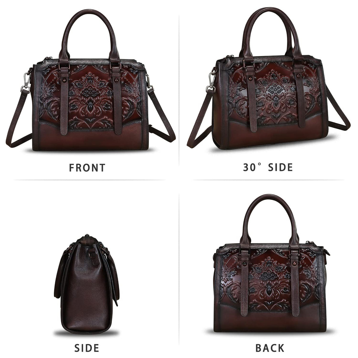 Genuine Leather Satchel for Women Embossed Leather Top Handle Bags Handmade Purse Vintage Crossbody Handbags Hobo Bag (Coffee)