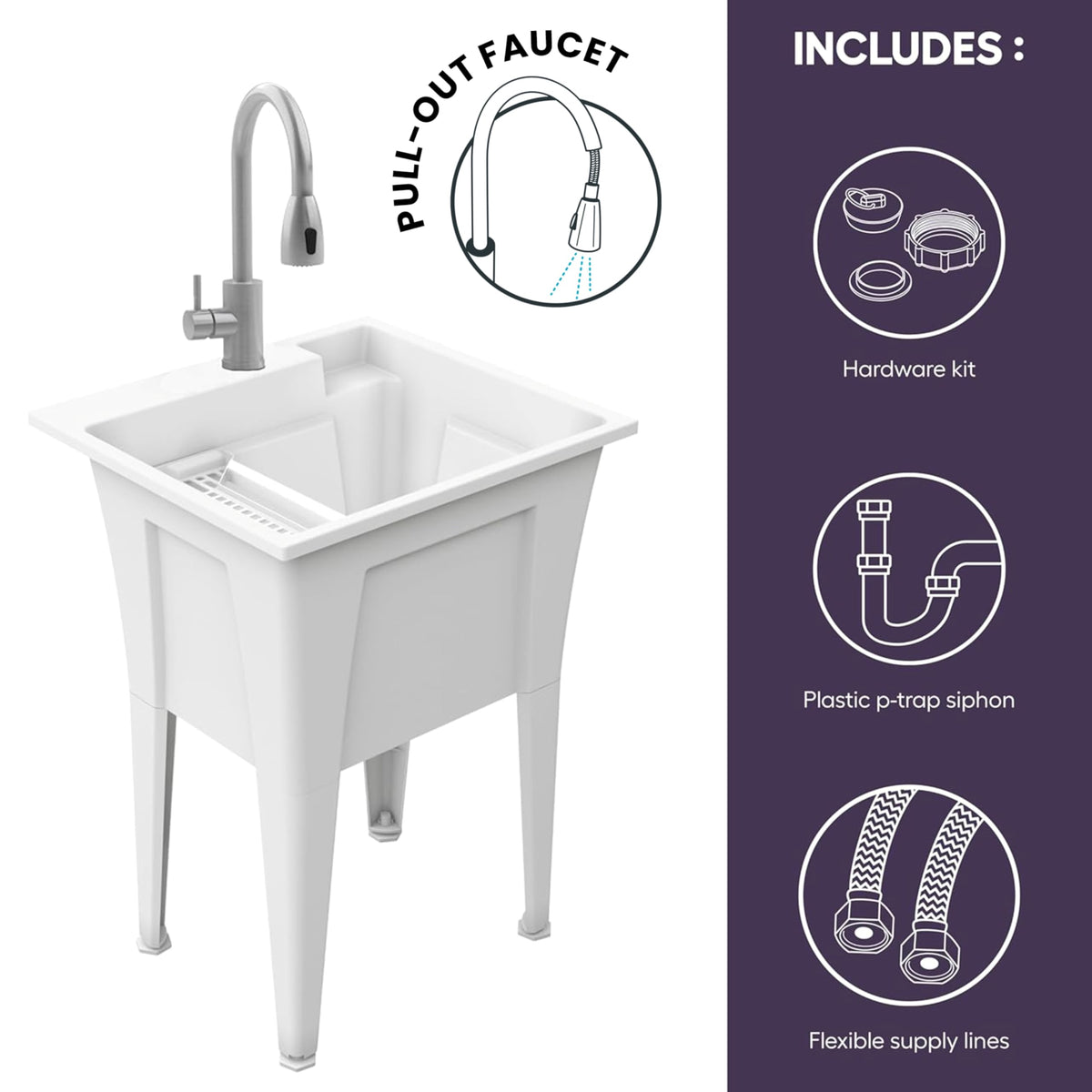Freestanding Utility Sink with Stainless Steel Gooseneck Faucet - 24" Plastic Utility Sink for Garage, Laundry, Indoor and Oudoor Use - Laundry Tub Kit by Noah William Home - White (19.5 gal)