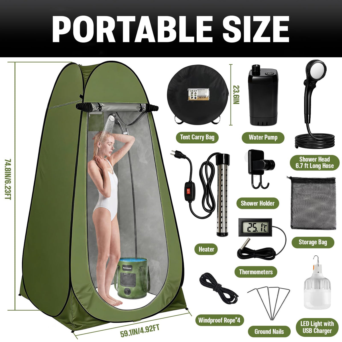 Portable Shower with Heater, Pop Up Camping Shower Privacy Tent Kit with LED Lights, 6000mAh Rechargeable Shower Pump, 6.6 Gal Foldable Bucket, Outdoor Camp Shower Kit for Travel, Pet Bath, Car Wash