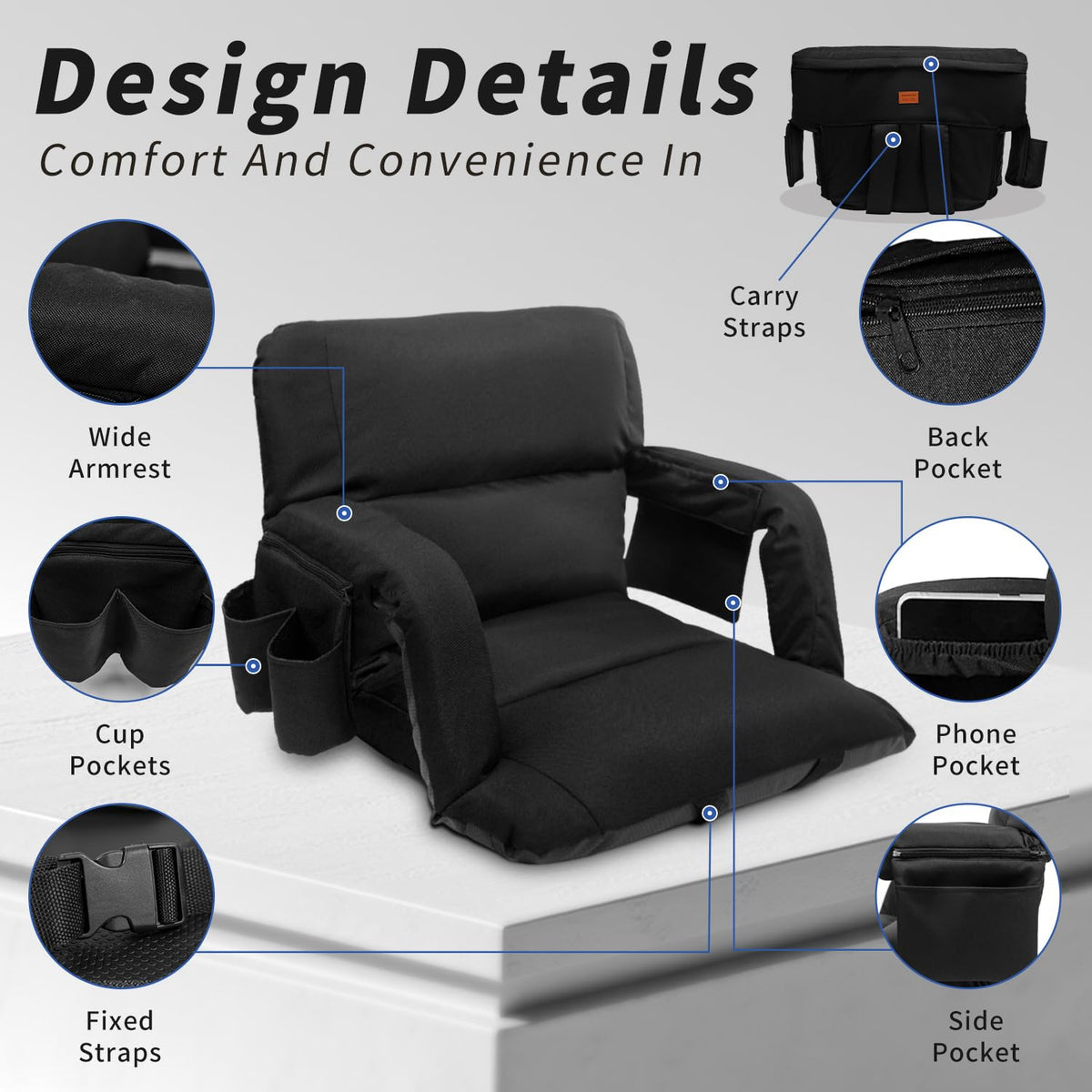 Aventorixis Extra Wide Stadium Seats with Back Support – 2 Pack Sofa-Style Bleacher Chairs, Thick Cushions, 6 Reclining Positions(Black-2 Pack,Wide|25")
