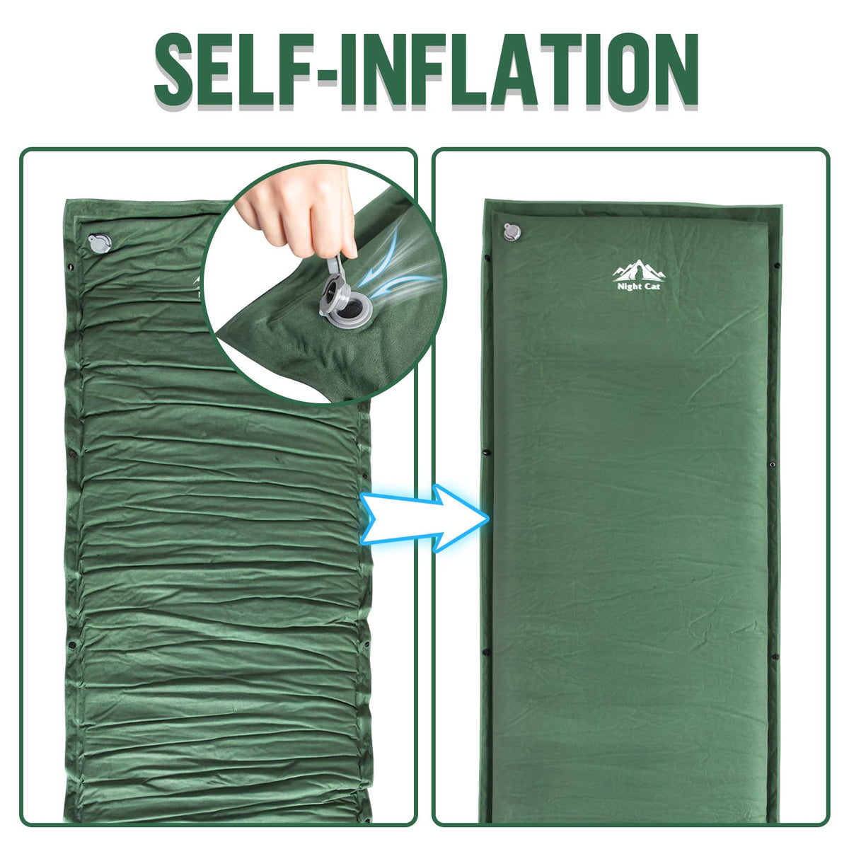 Night Cat Camping Cot Tent with Self-Inflating Sleeping Pad and Self-Inflatable Camping Pillow Camping Sleeping Bag Waterproof 1-Person Off-Ground Combo Cot Bed for Adults Portable Easy Set-up Tent