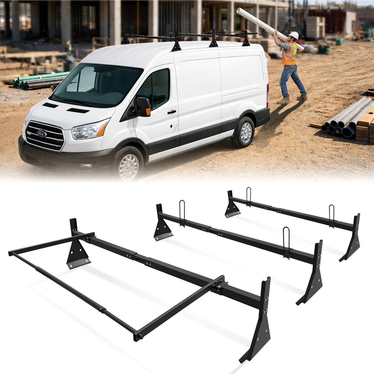 Van Ladder Roof Racks with Rear Roller, 3 Bars Adjustable with Ladder Stoppers, Fit Chevy Express Fullsize Van 1996-Up,Suitable for Vans with Rain Gutter only,800LB Load-Capacity