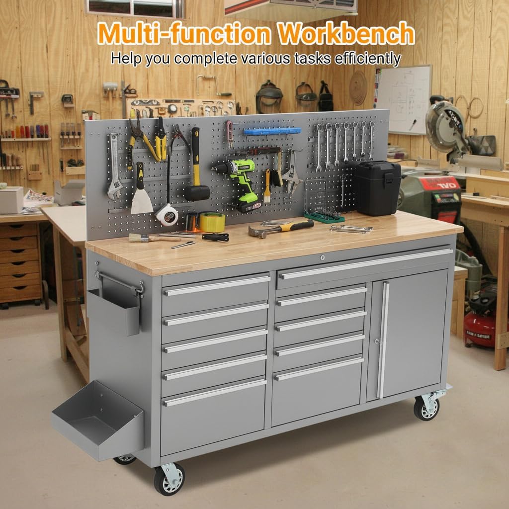 61 Inch Rolling Tool Chest, 10 Drawers Garage Workbench Storage Tool Cabinet with Rubber Wood Top, 1675 LBS, Power Strip, Locking System, Drawer Liners for Garage, Warehouse and Repair Shop, Silver