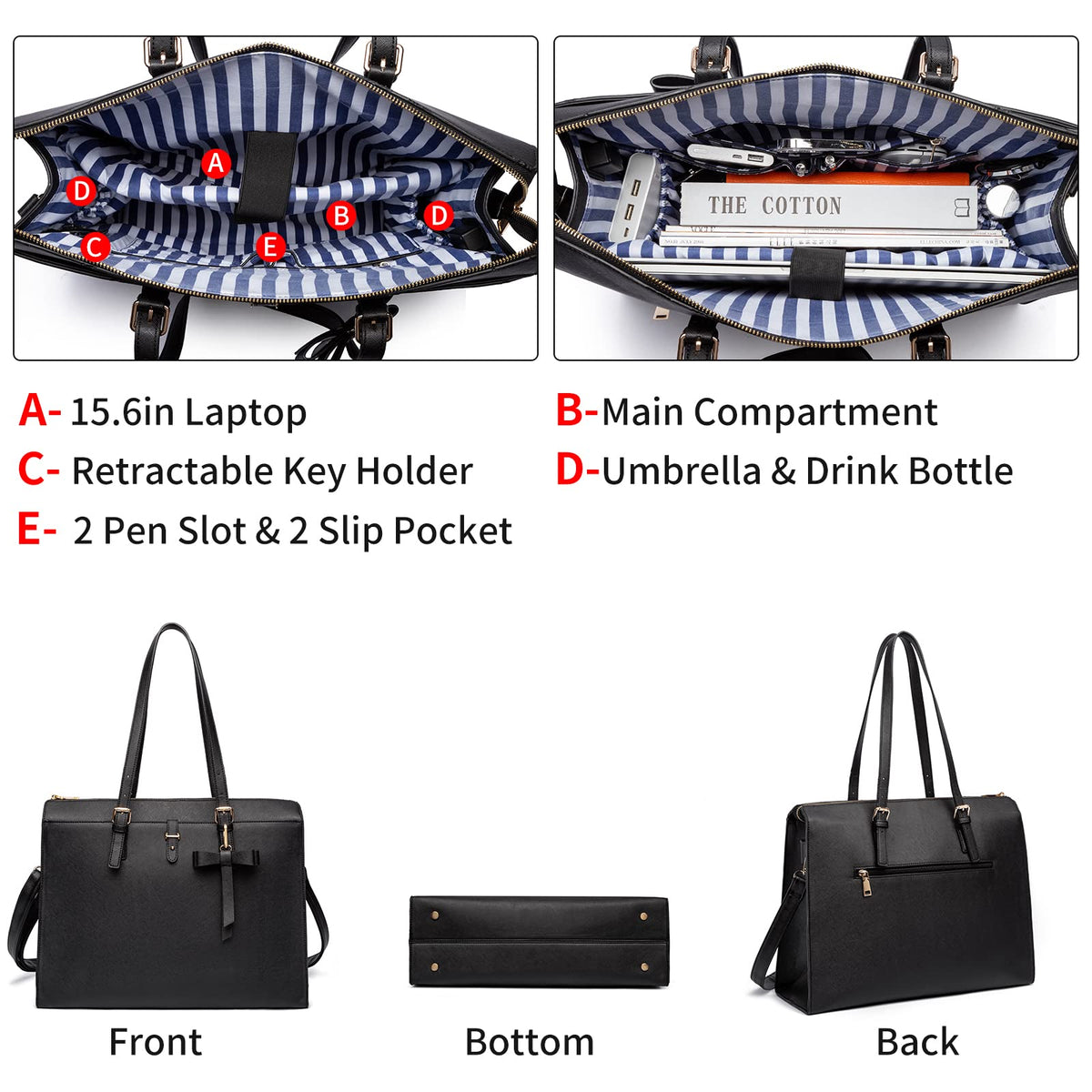 Keyli Laptop Tote Bag for Women Waterproof Leather Work Laptop Briefcase with Built-in USB Charging Port Computer Shoulder Bags Fits 15.6 Inch, Business Handbag Purse 4pcs Set Black
