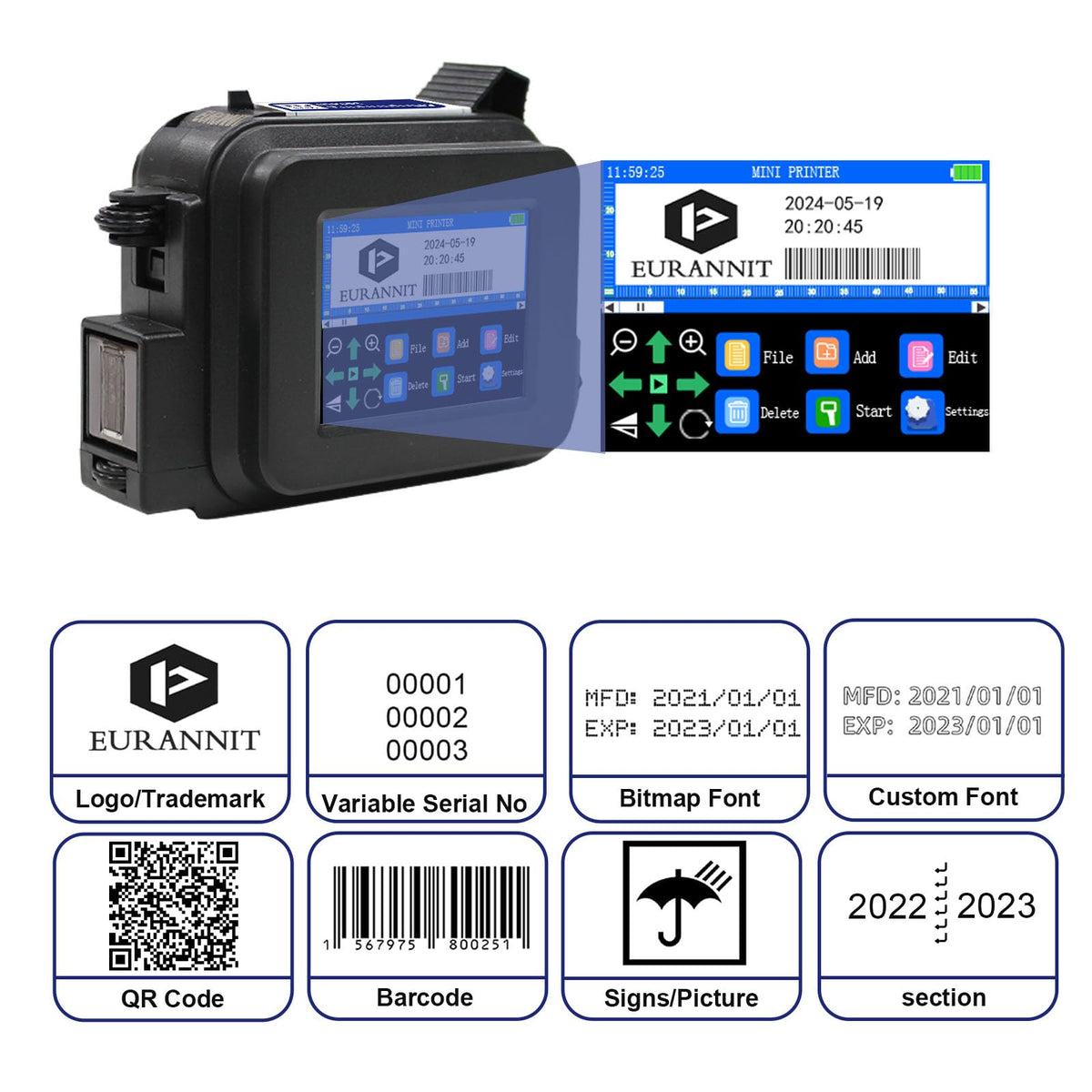 Eurannit XMINI Handheld Inkjet Printer, Portable Mini Inkjet Coding Machine 0.5 inch Nozzle with ER520 Fast Drying Ink Cartridge, for Text Date Barcode Batch Number Image Logo on Any Surface